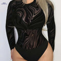 Marble Print Long Sleeve Bodysuit - Sexy & Semi-Sheer Style   OAXG Mixed Color / XS