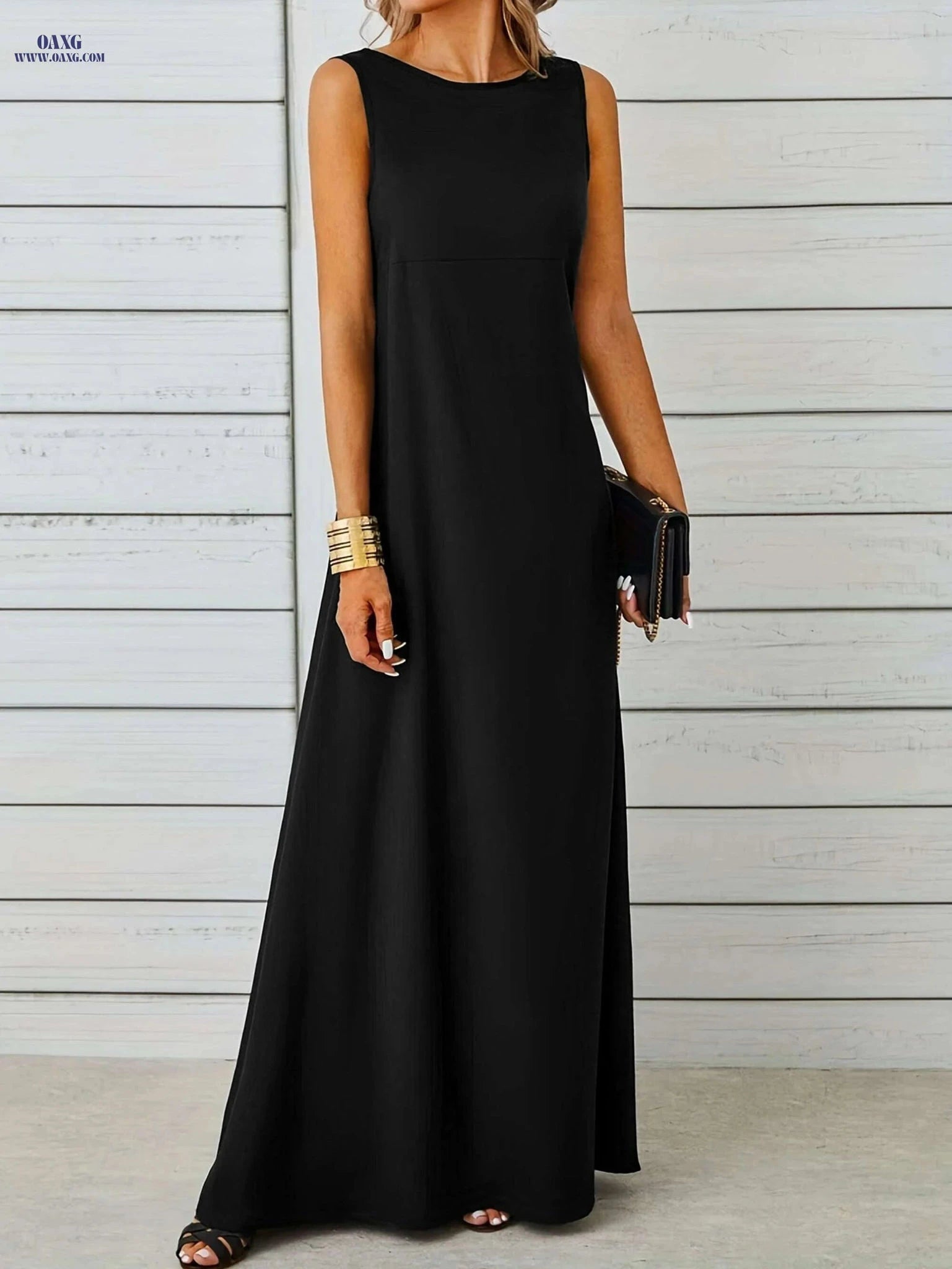 Maxi Tank Dress for Women - Sleeveless Casual Fit and Flare Style   OAXG Black / S