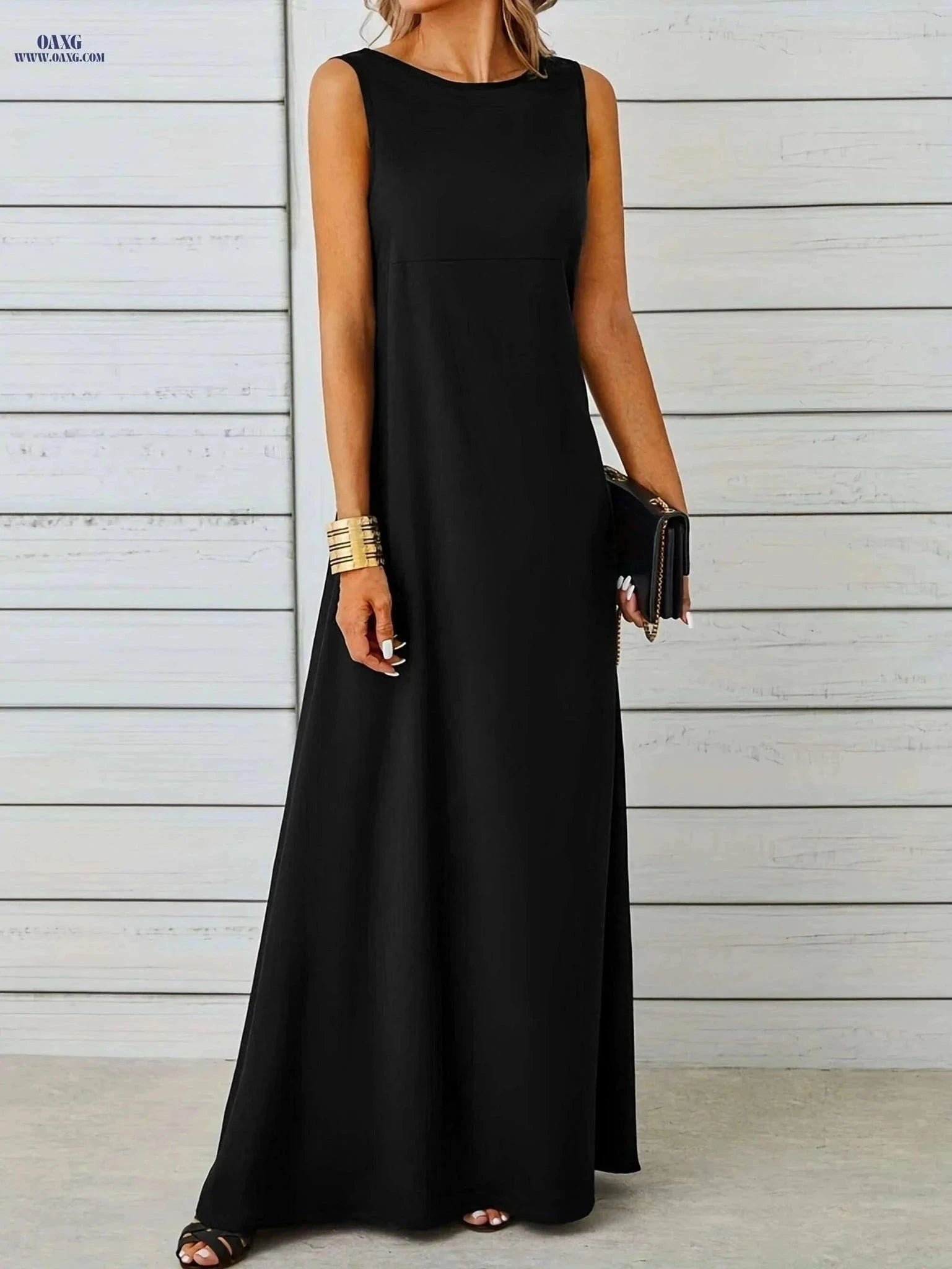 Maxi Tank Dress for Women - Sleeveless Casual Fit and Flare Style   OAXG Black / S