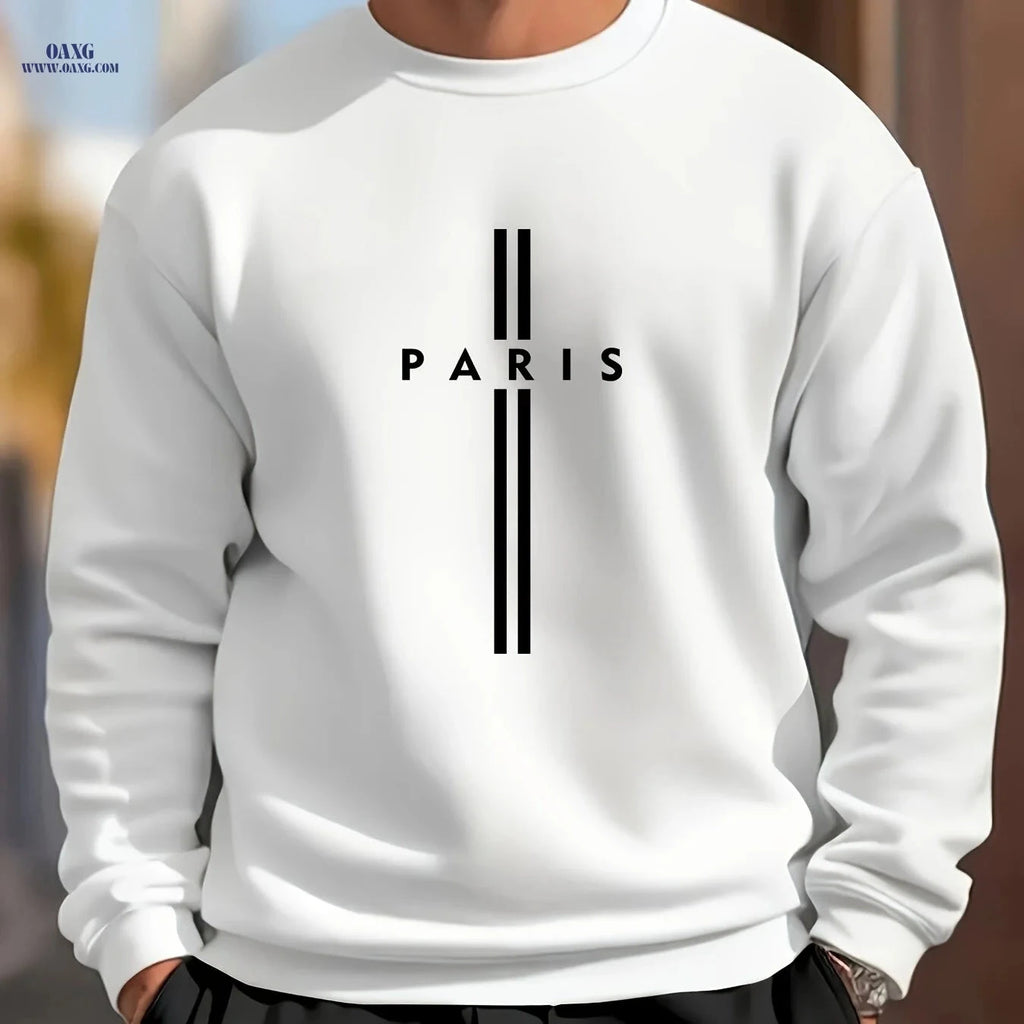 MBD Men's Parisian Letter Print Sweatshirt - Casual Crewneck Top   OAXG White / FR S