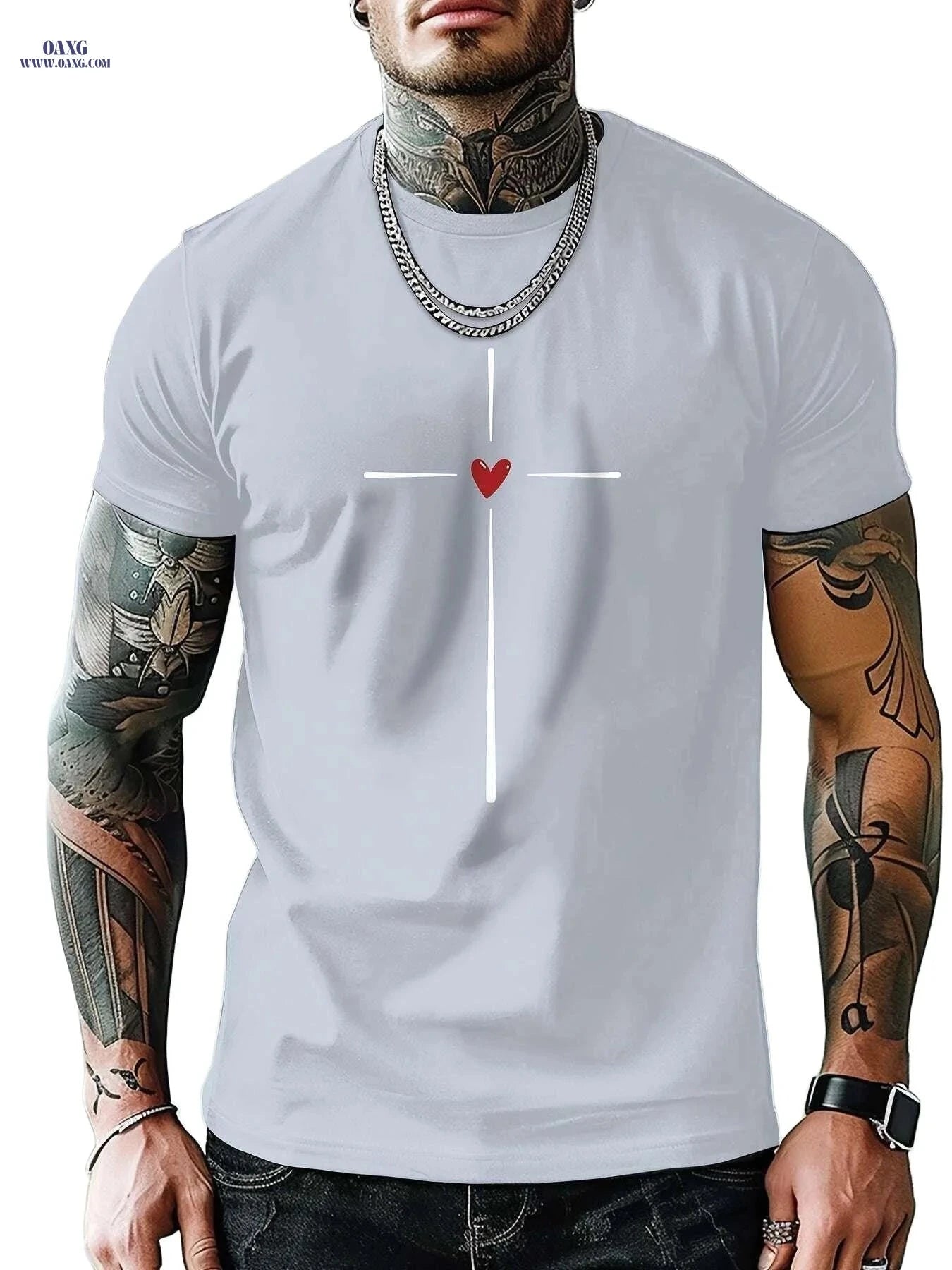 MBDMBD Casual Men's Short Sleeve T-Shirt - Cross & Heart Print   OAXG 