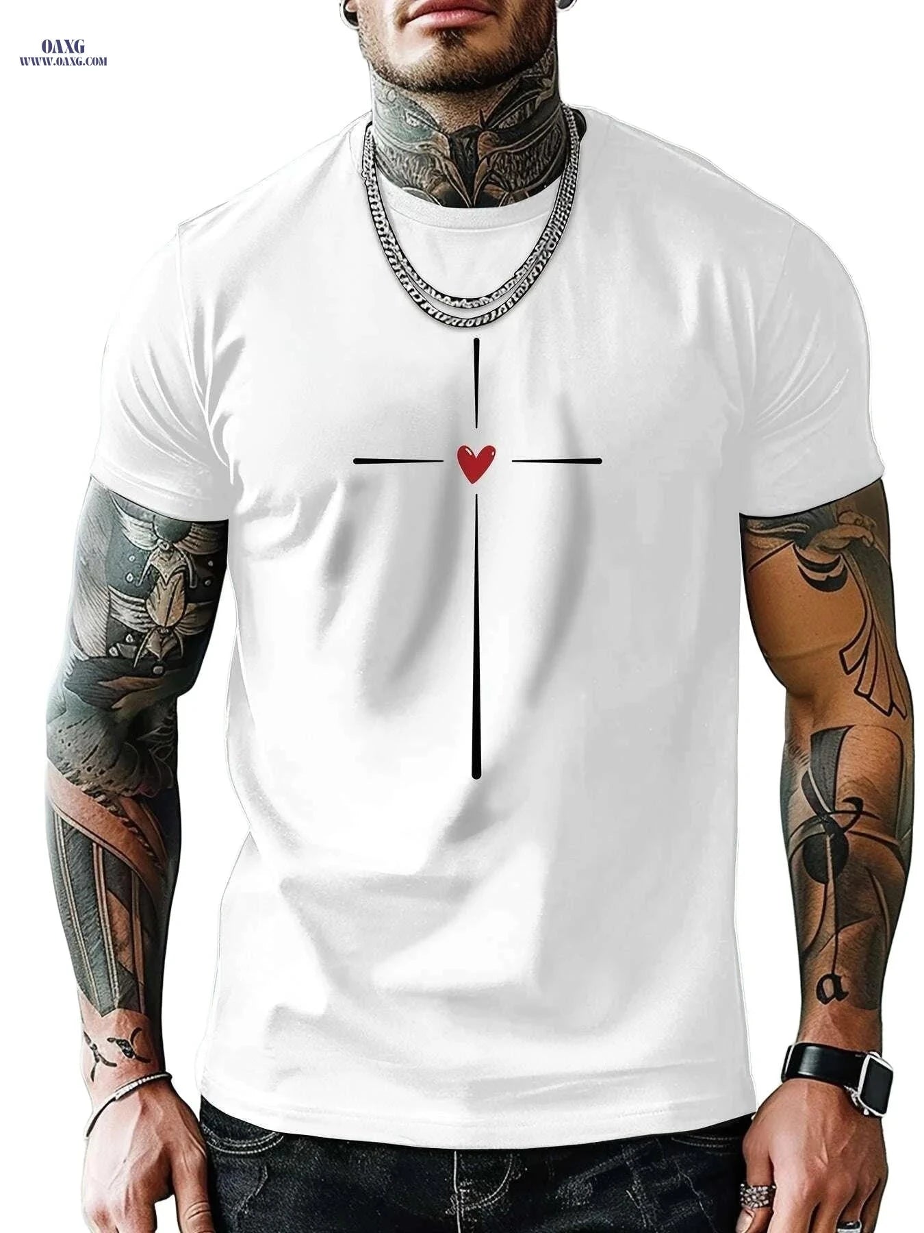 MBDMBD Casual Men's Short Sleeve T-Shirt - Cross & Heart Print   OAXG 