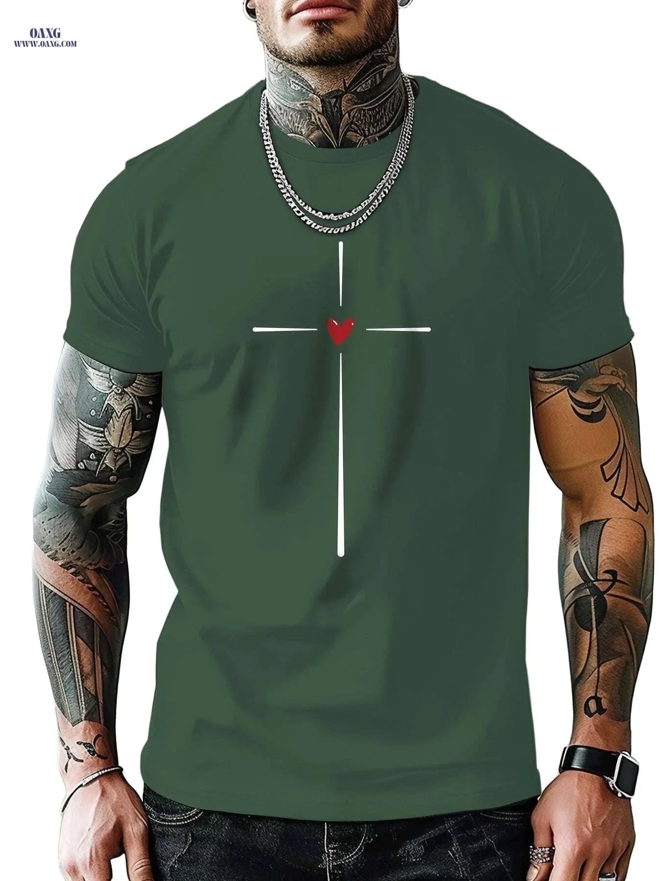 MBDMBD Casual Men's Short Sleeve T-Shirt - Cross & Heart Print   OAXG Grey / S