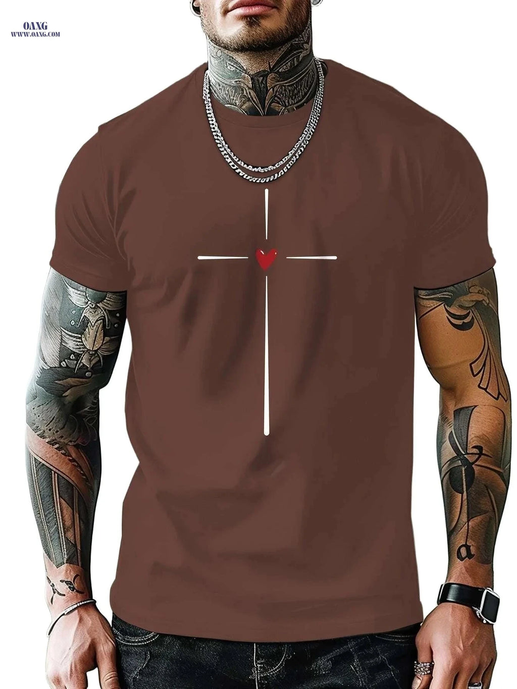 MBDMBD Casual Men's Short Sleeve T-Shirt - Cross & Heart Print   OAXG Grey / S