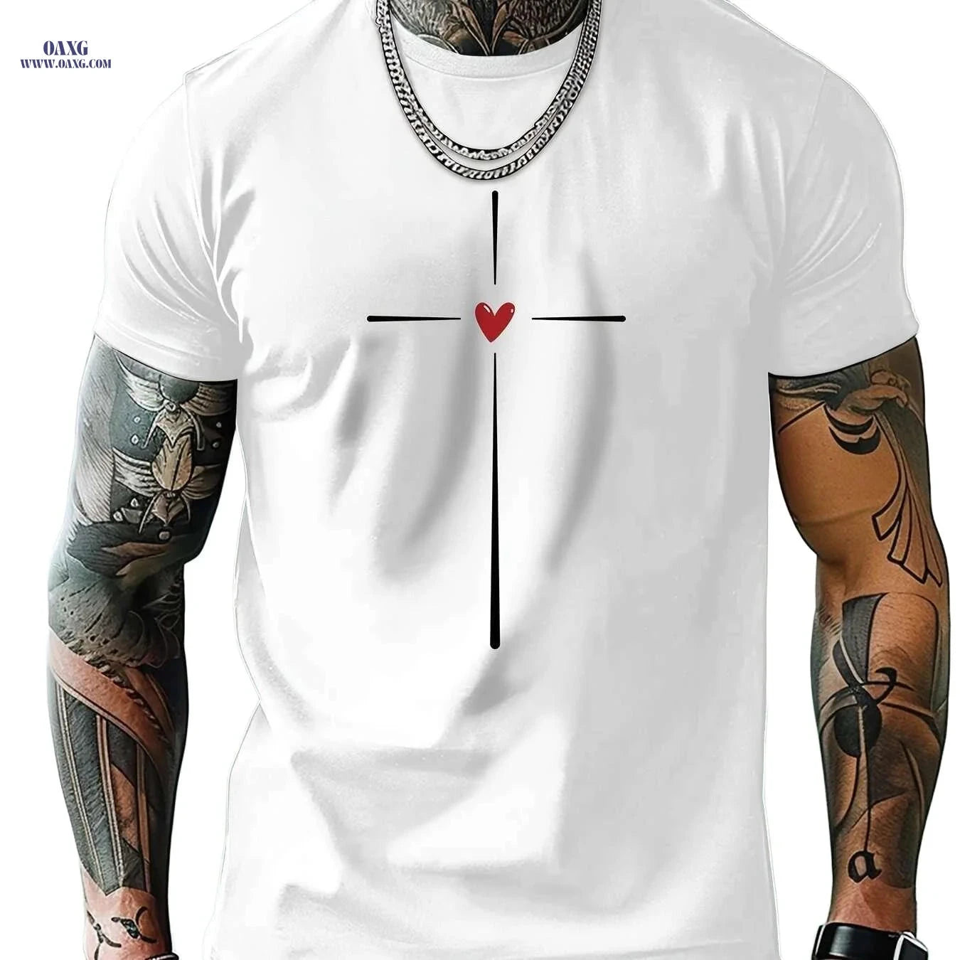 MBDMBD Casual Men's Short Sleeve T-Shirt - Cross & Heart Print   OAXG Grey / S