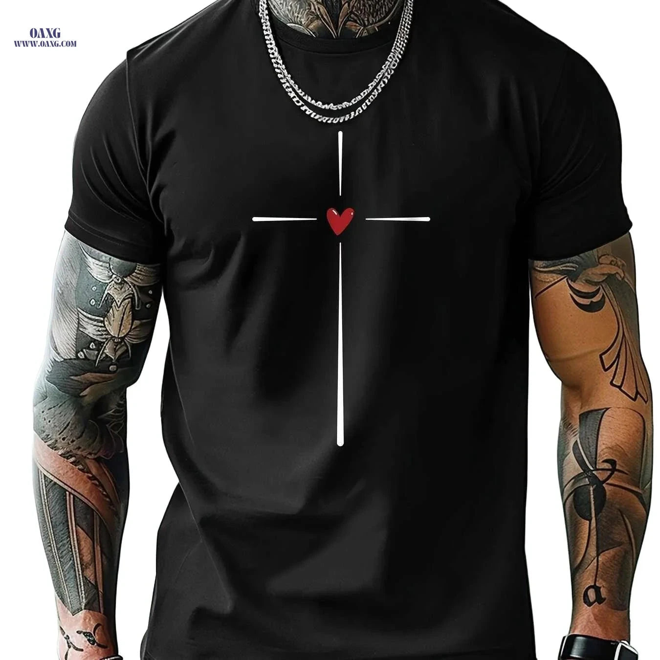 MBDMBD Casual Men's Short Sleeve T-Shirt - Cross & Heart Print   OAXG Grey / S