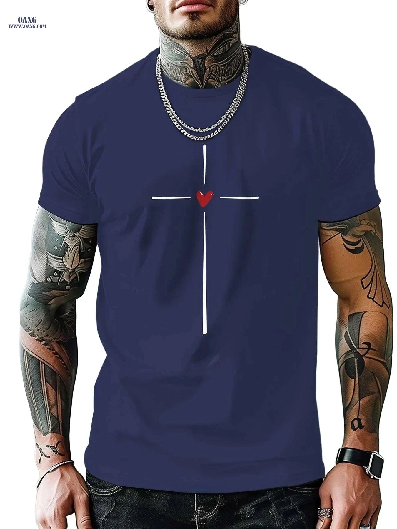MBDMBD Casual Men's Short Sleeve T-Shirt - Cross & Heart Print   OAXG Grey / S