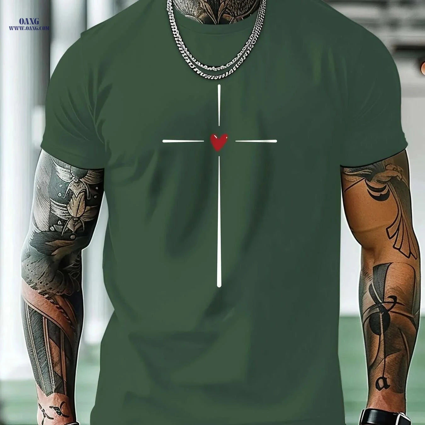 MBDMBD Men's Casual Short Sleeve Tee - Cross & Heart Print Summer Style   OAXG 