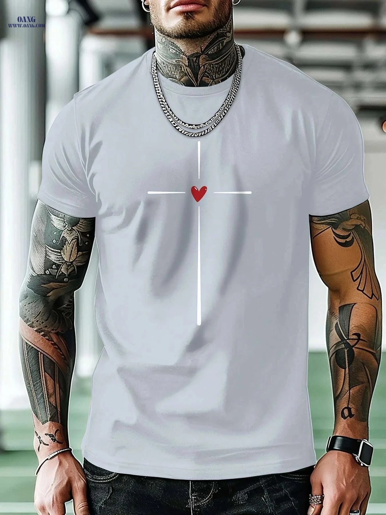 MBDMBD Men's Casual Short Sleeve Tee - Cross & Heart Print Summer Style   OAXG 