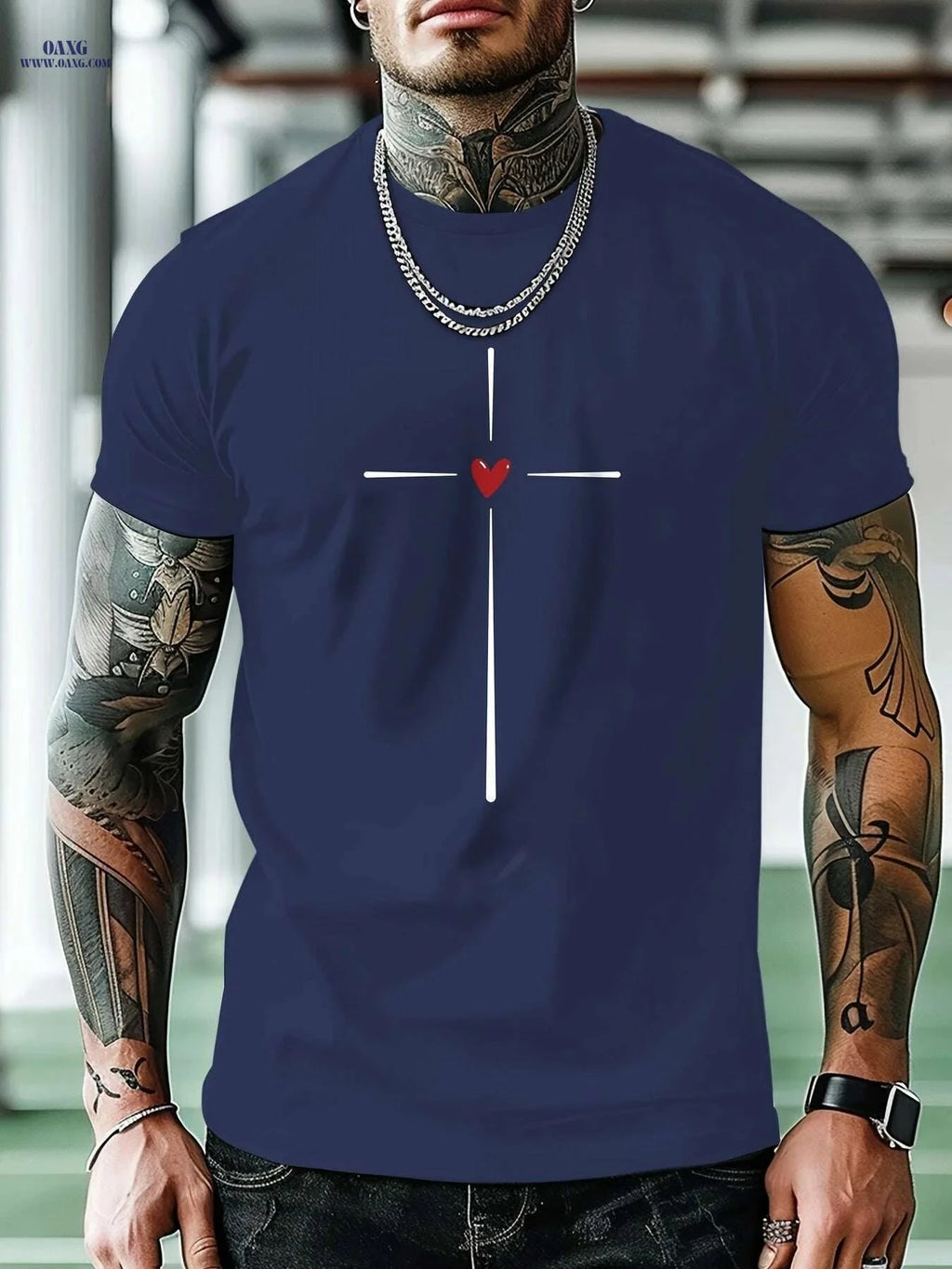 MBDMBD Men's Casual Short Sleeve Tee - Cross & Heart Print Summer Style   OAXG 