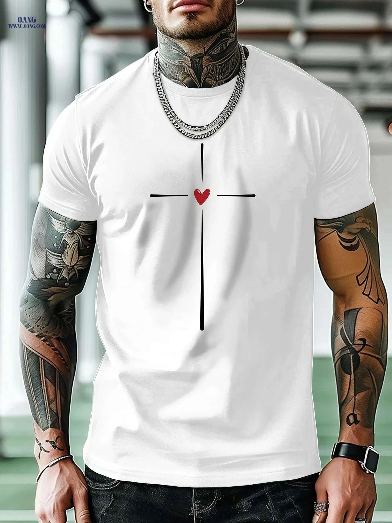 MBDMBD Men's Casual Short Sleeve Tee - Cross & Heart Print Summer Style   OAXG 