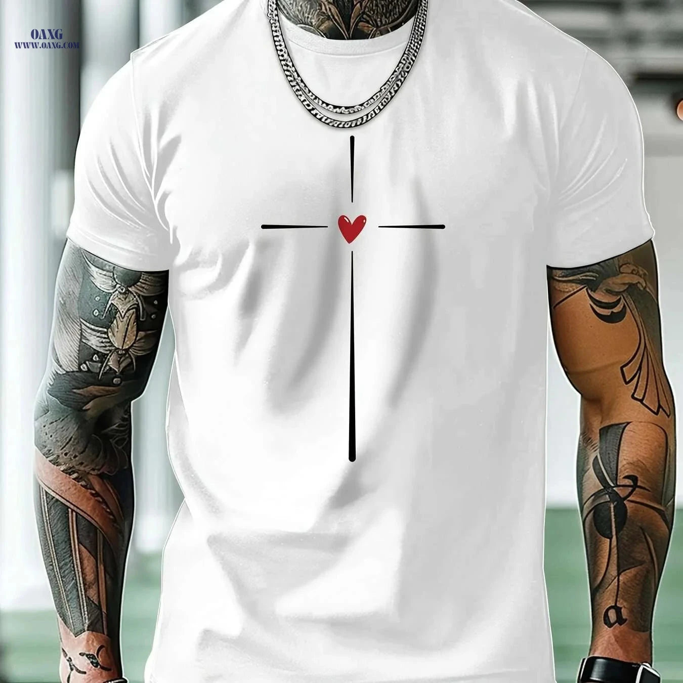 MBDMBD Men's Casual Short Sleeve Tee - Cross & Heart Print Summer Style   OAXG White / S