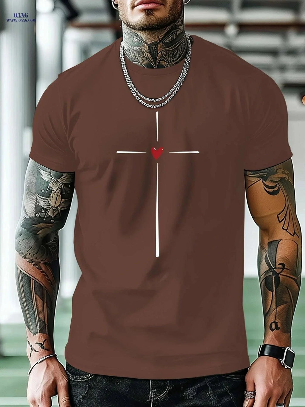MBDMBD Men's Casual Short Sleeve Tee - Cross & Heart Print Summer Style   OAXG White / S