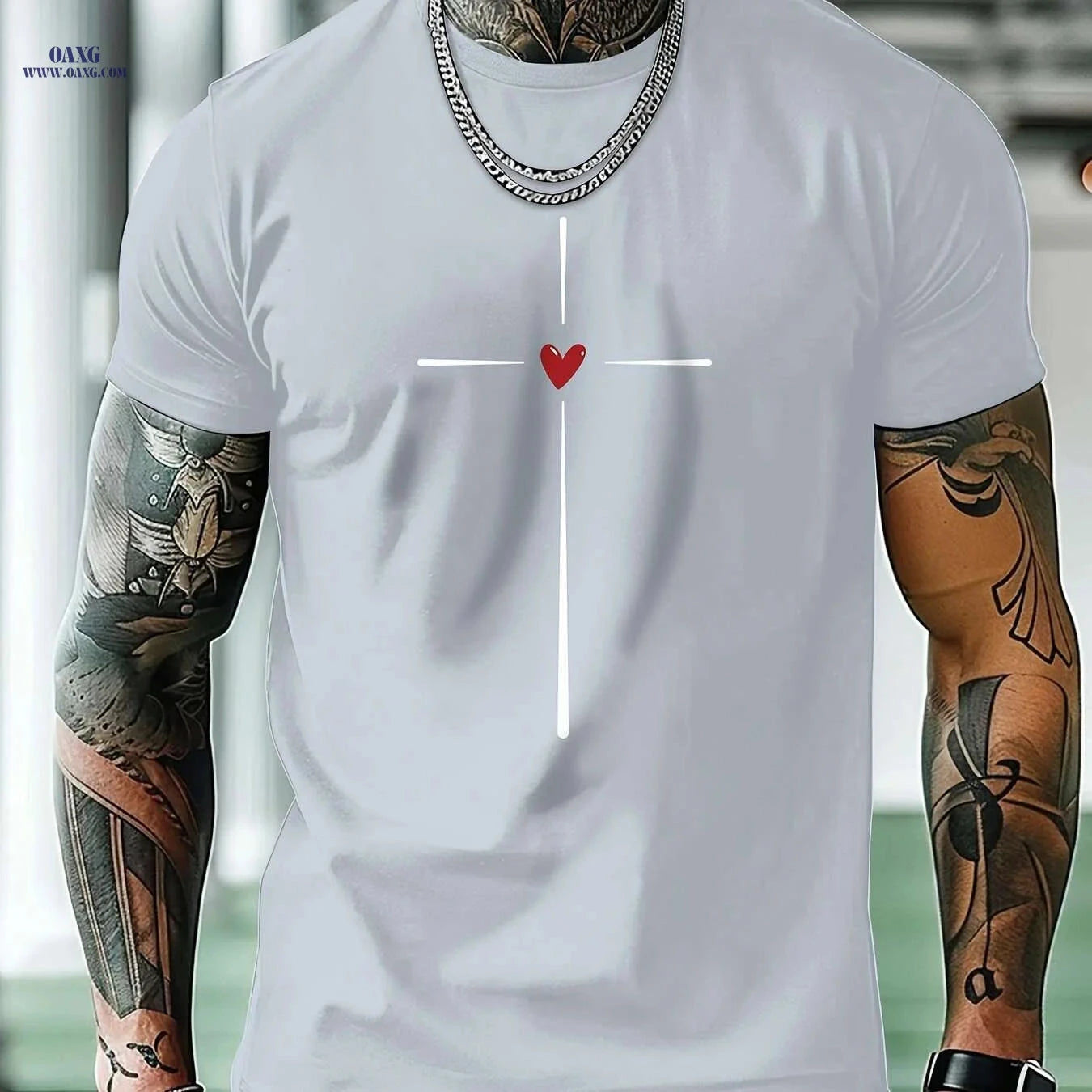 MBDMBD Men's Casual Short Sleeve Tee - Cross & Heart Print Summer Style   OAXG White / S