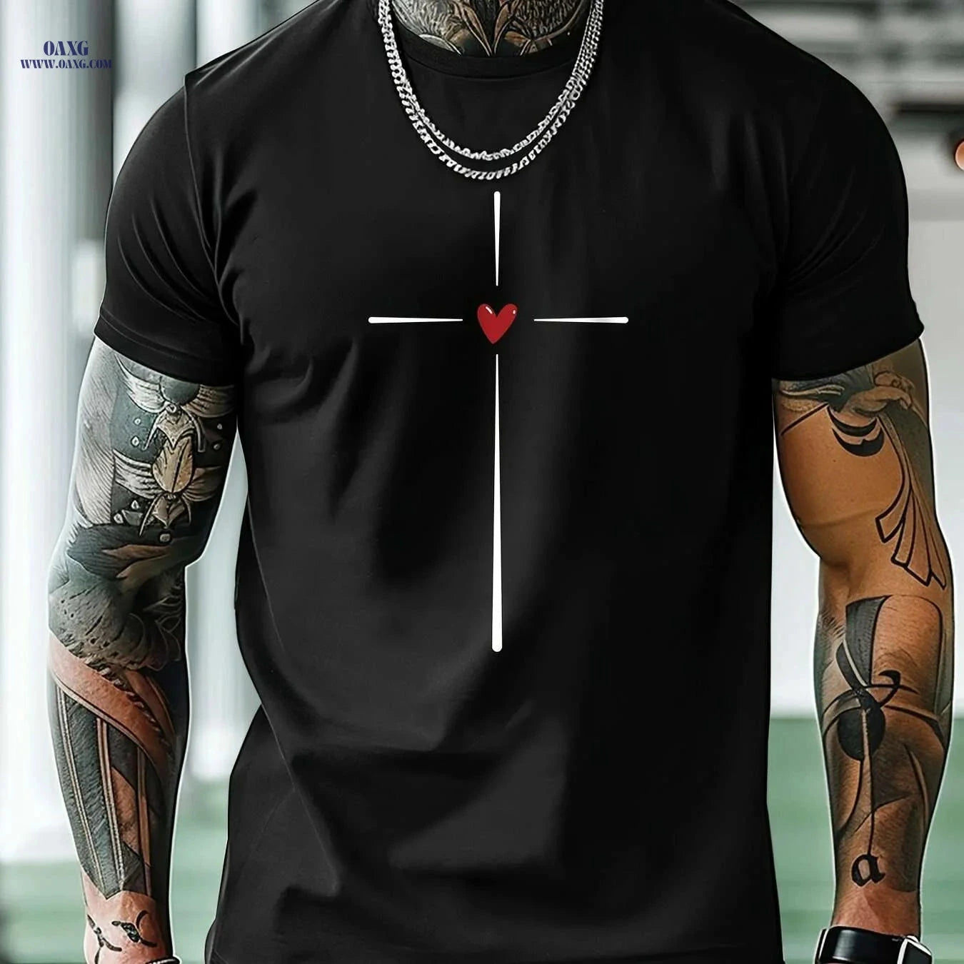 MBDMBD Men's Casual Short Sleeve Tee - Cross & Heart Print Summer Style   OAXG White / S