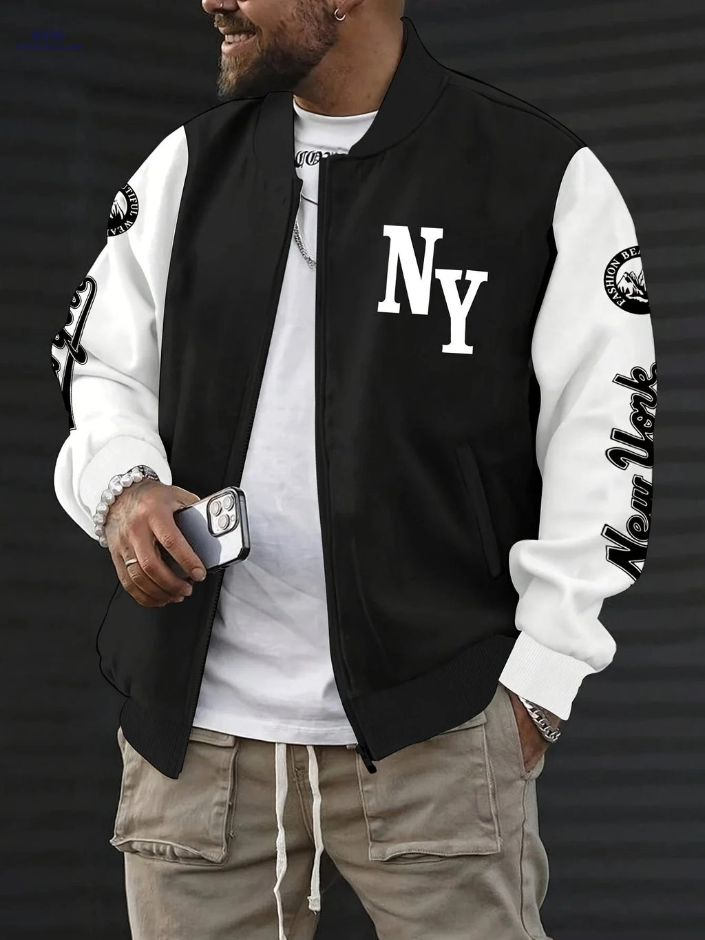 MBDMBD Men's Color Block Baseball Jacket - Stylish Zip-Up for Fall   OAXG Black And White / FR S