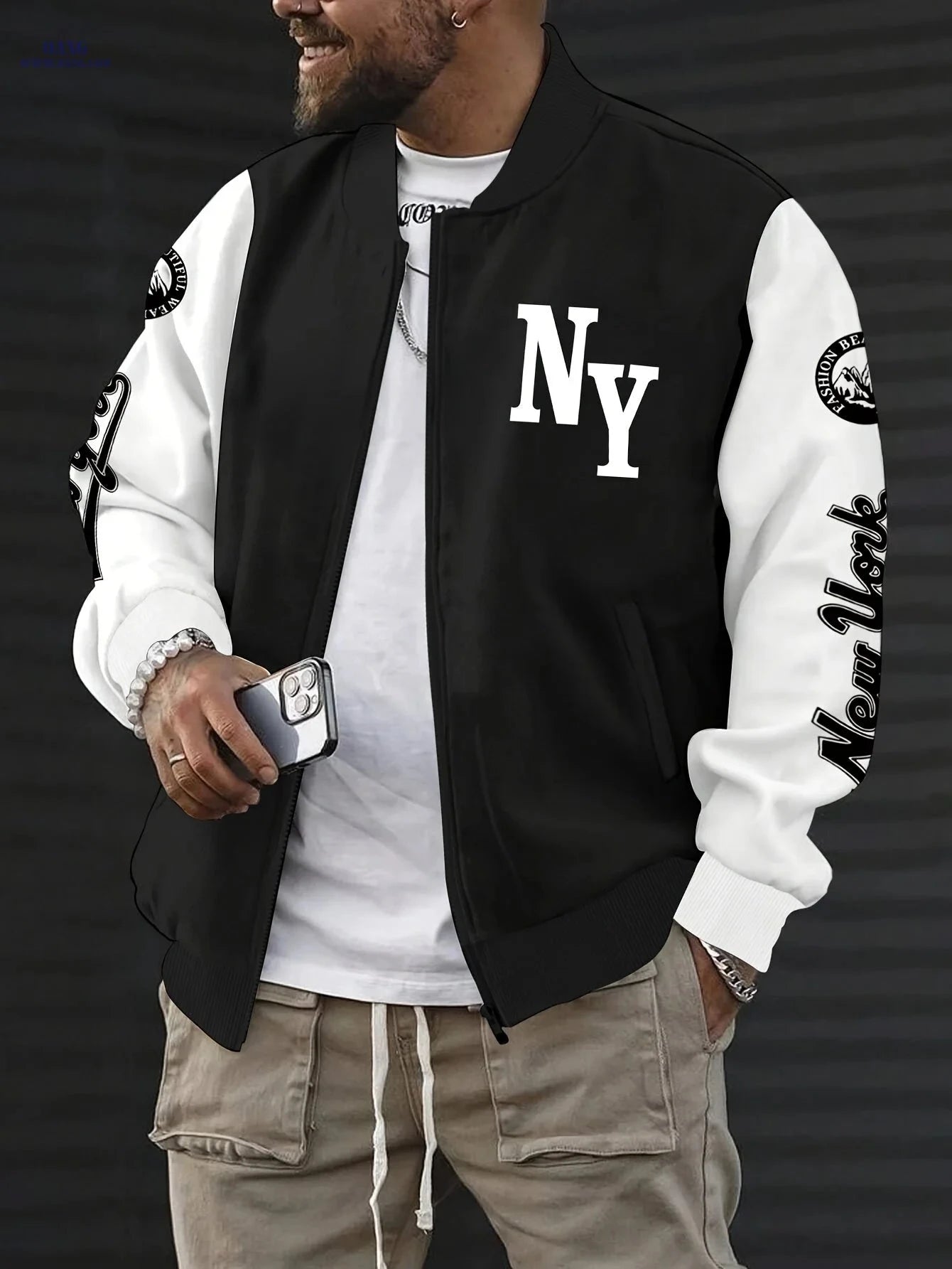 MBDMBD Men's Color Block Baseball Jacket - Stylish Zip-Up for Fall   OAXG Black And White / FR S