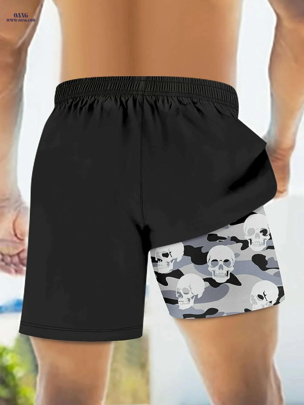 Men's 2-in-1 Camouflage Swimwear - Lightweight Beach Pants with Skull Print   OAXG 