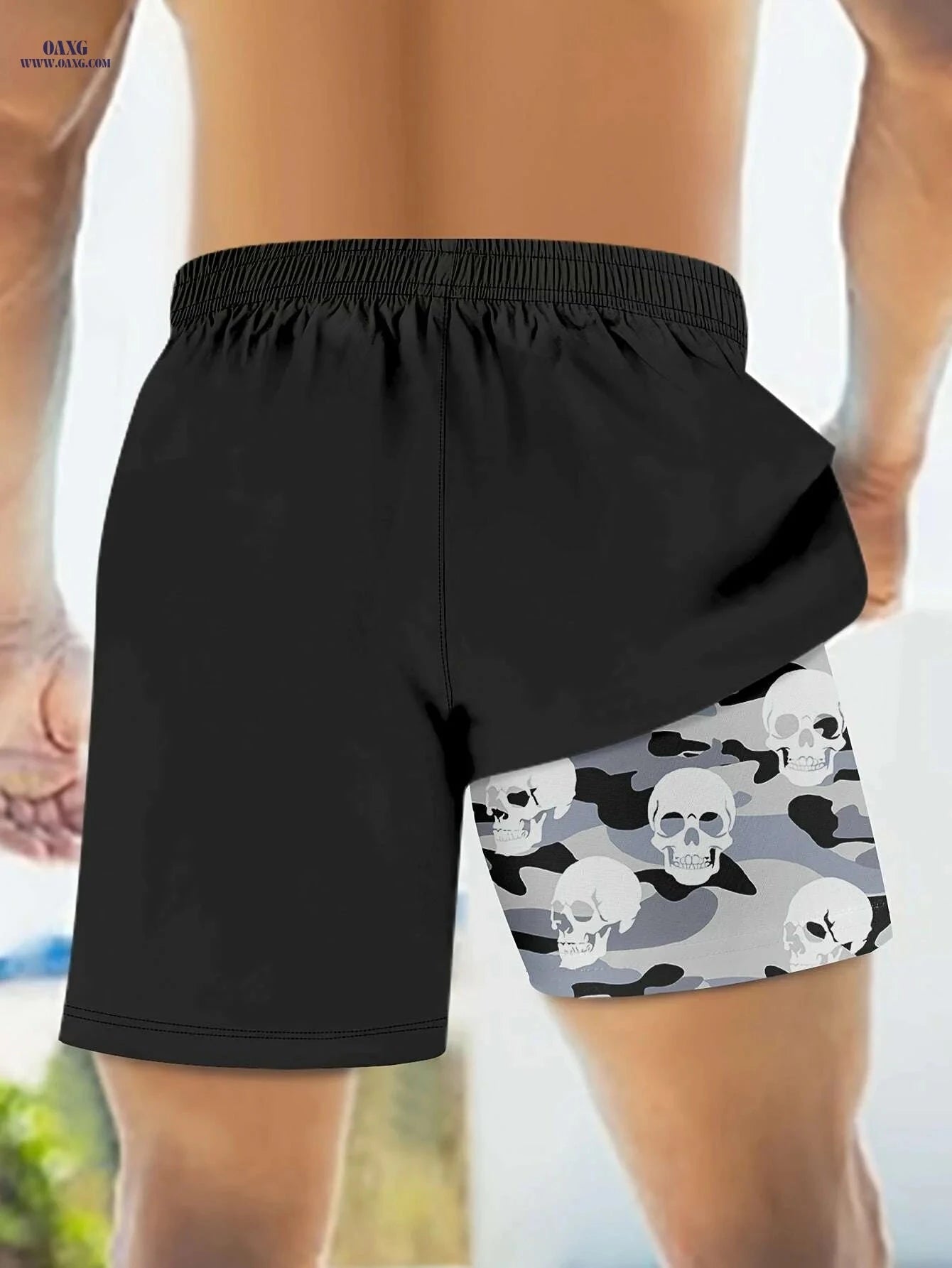 Men's 2-in-1 Camouflage Swimwear - Lightweight Beach Pants with Skull Print   OAXG 
