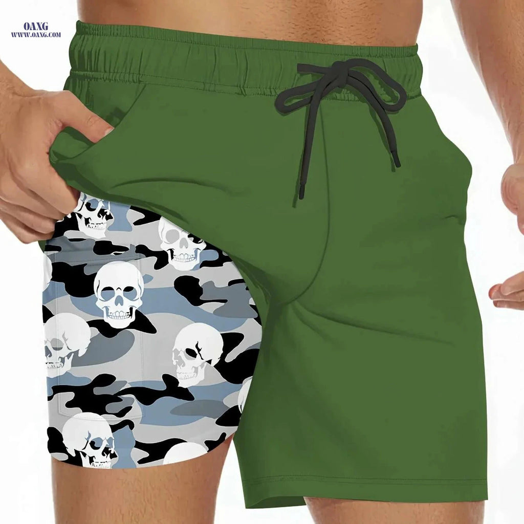 Men's 2-in-1 Camouflage Swimwear - Lightweight Beach Pants with Skull Print   OAXG Black / S
