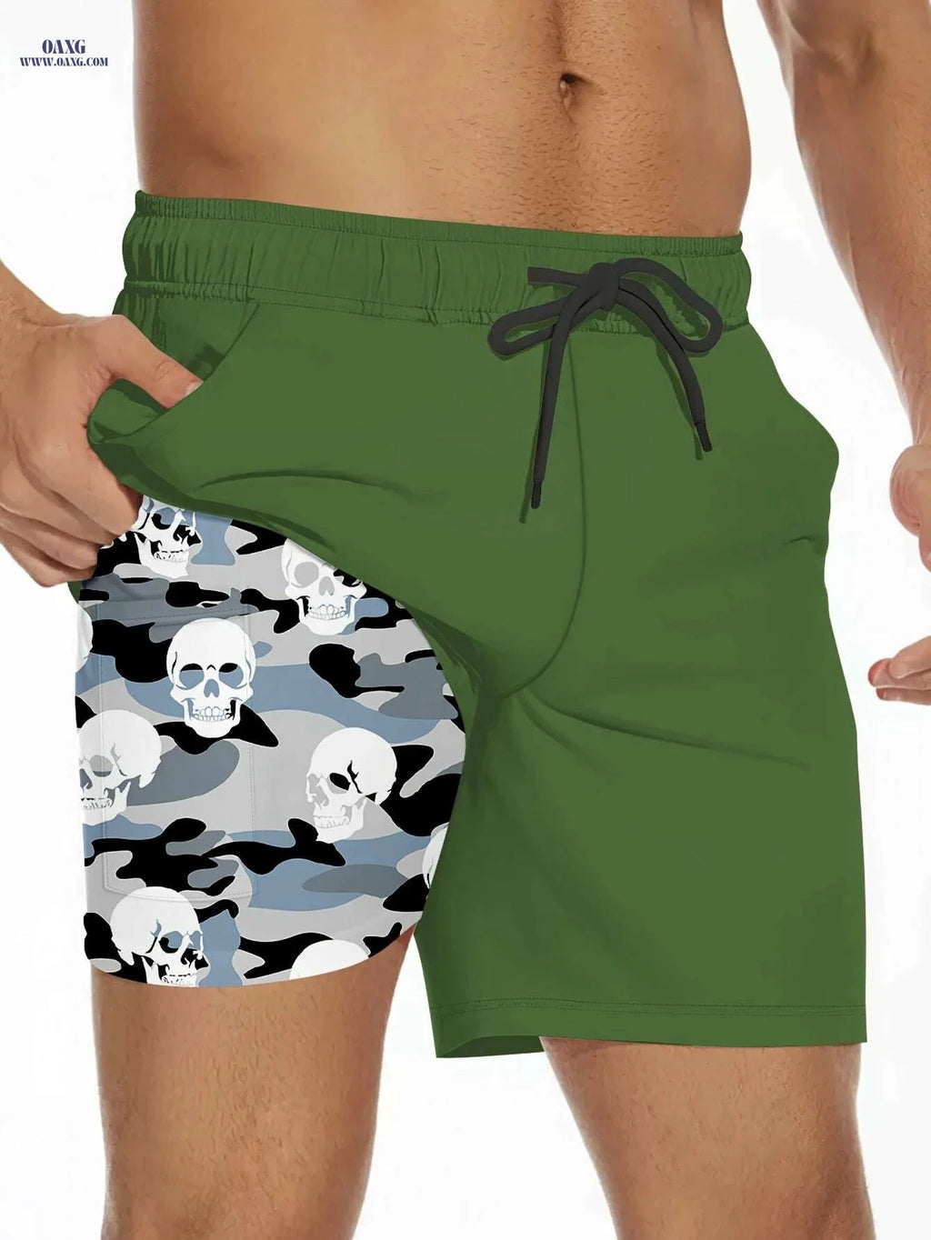 Men's 2-in-1 Camouflage Swimwear - Lightweight Beach Pants with Skull Print   OAXG Black / S