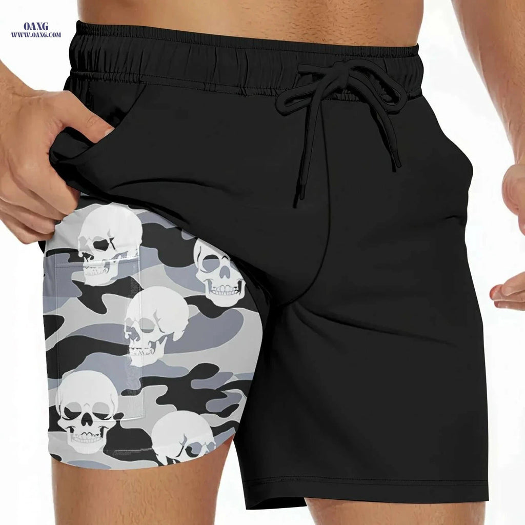Men's 2-in-1 Camouflage Swimwear - Lightweight Beach Pants with Skull Print   OAXG Black / S