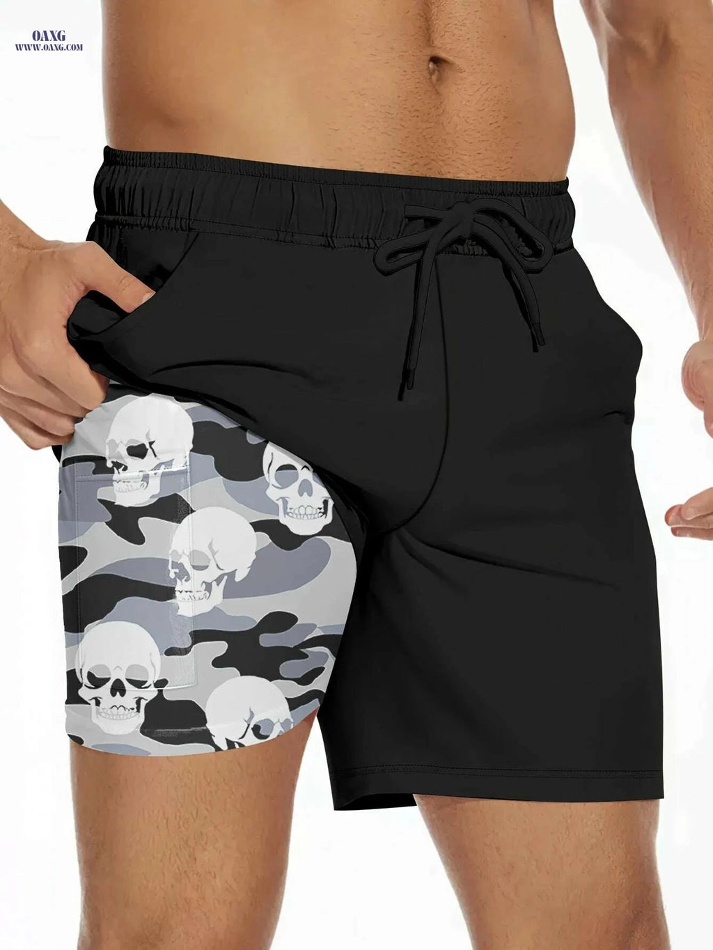 Men's 2-in-1 Camouflage Swimwear - Lightweight Beach Pants with Skull Print   OAXG Black / S