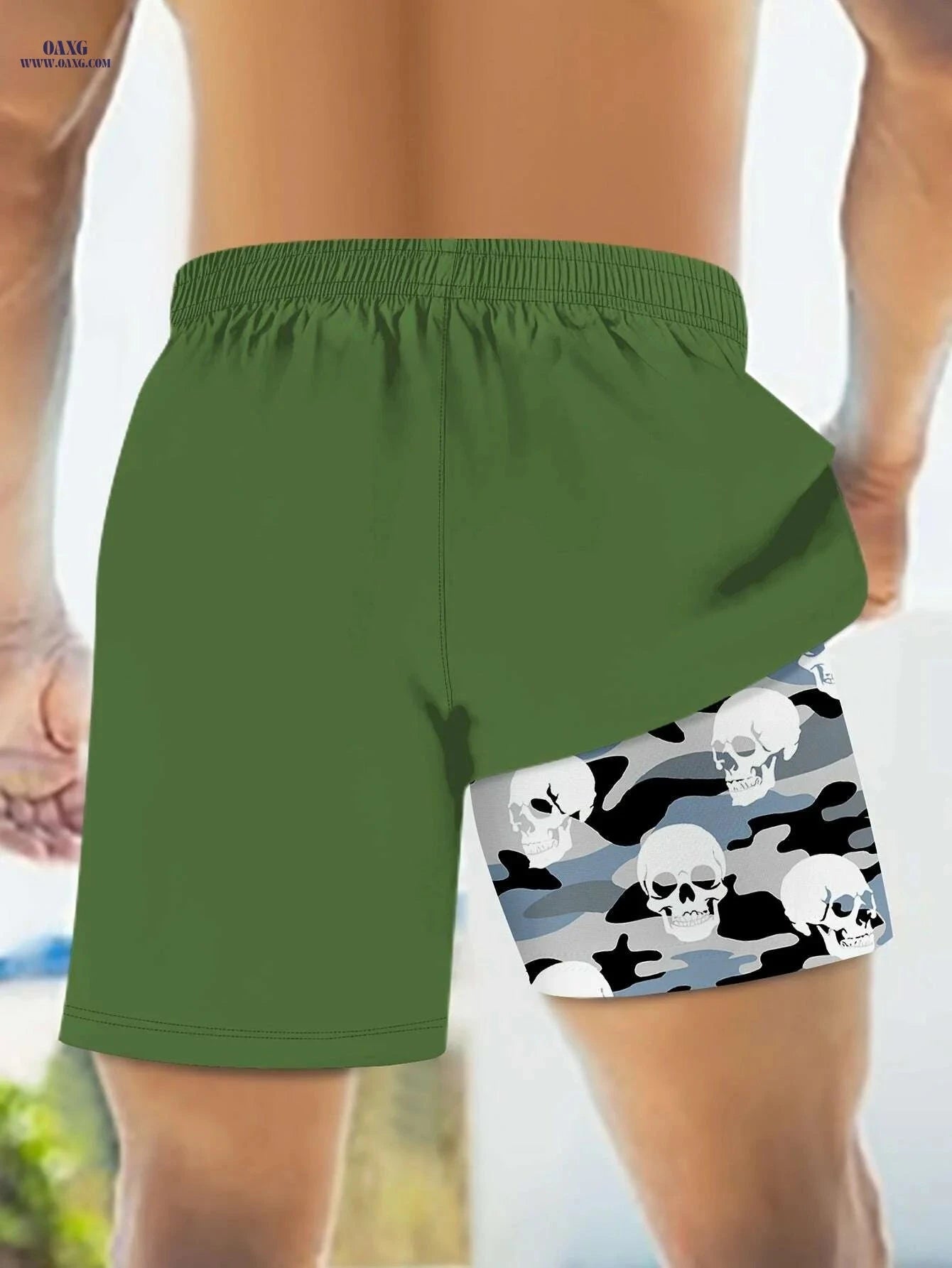 Men's 2-in-1 Camouflage Swimwear - Lightweight Beach Pants with Skull Print   OAXG 