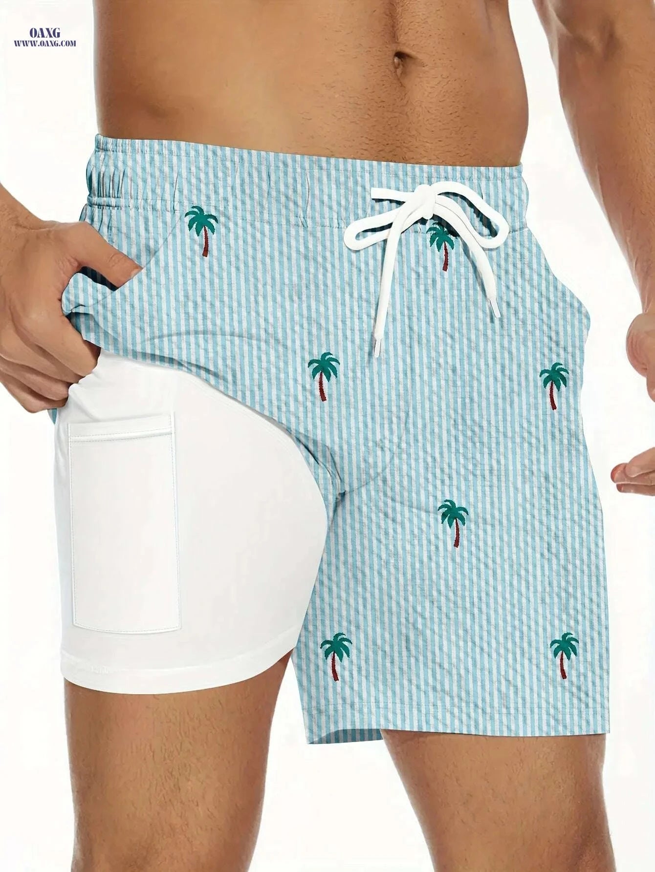 Men's 2-in-1 Tropical Print Beach Shorts - Quick-Dry Casual Trunks   OAXG Blue And White / S