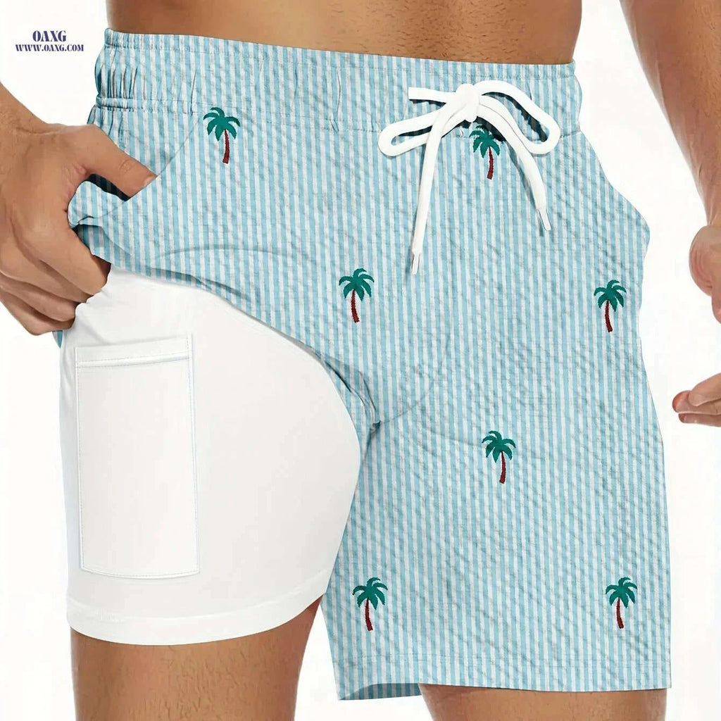 Men's 2-in-1 Tropical Print Beach Shorts - Quick-Dry Casual Trunks   OAXG Blue And White / S