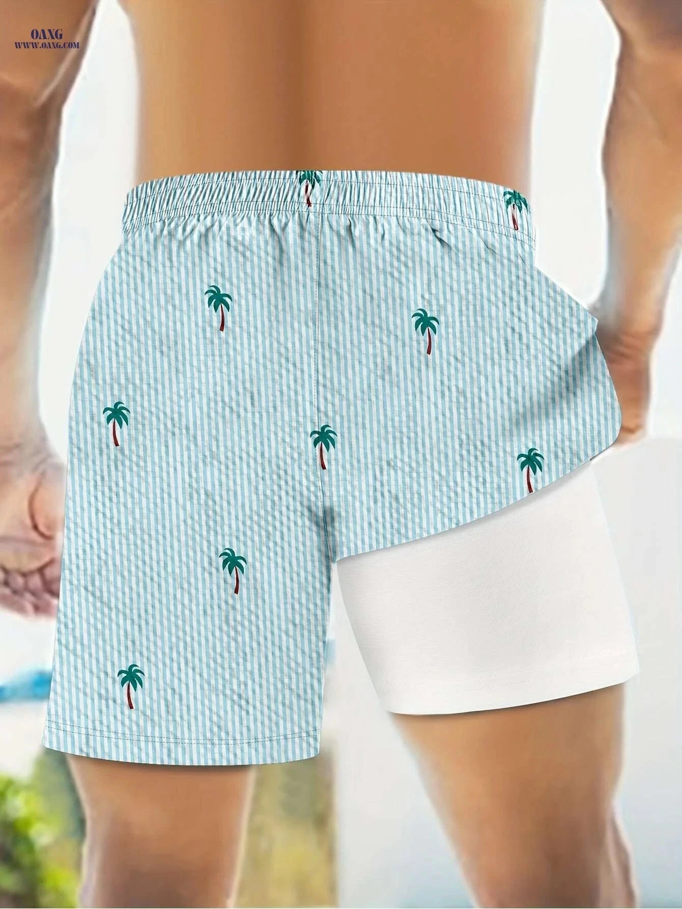 Men's 2-in-1 Tropical Print Beach Shorts - Quick-Dry Casual Trunks   OAXG Blue And White / S
