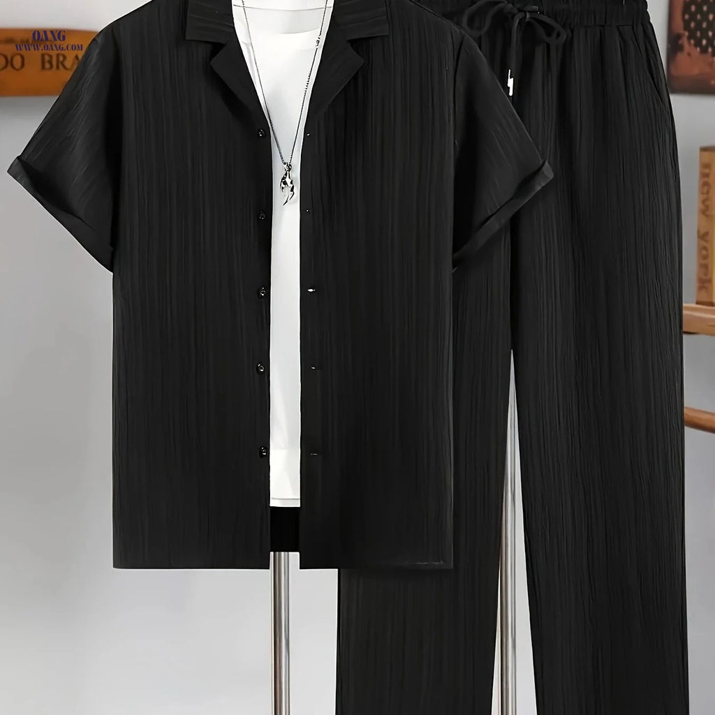 Men's 2-Piece Casual Suit - Short Sleeve Cuban Collar Top & Pants   OAXG Black / FR M