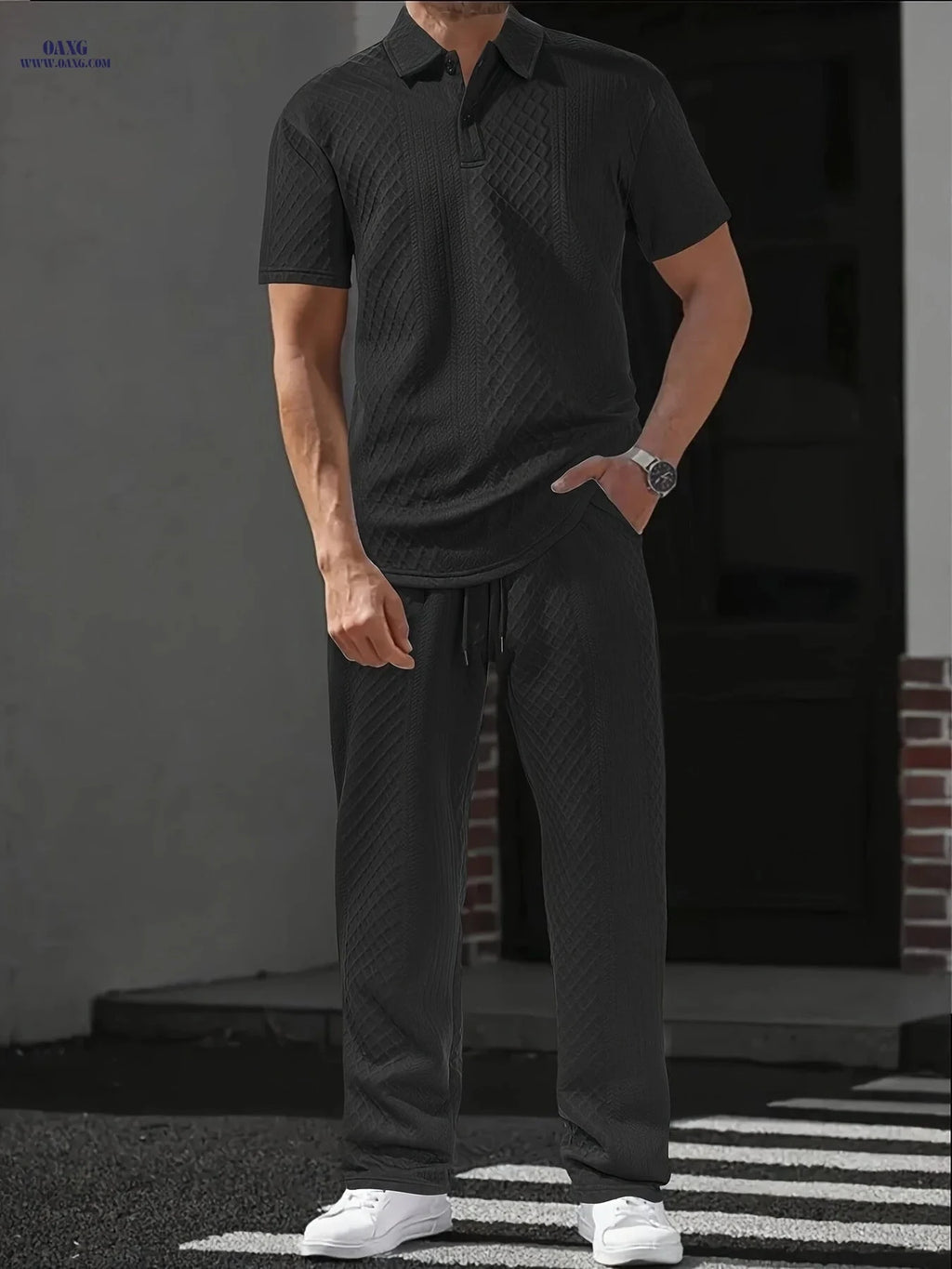 Men's 2-Piece Short Sleeve T-Shirt & Drawstring Pants Set - Casual Comfort   OAXG Black / FR XXXL