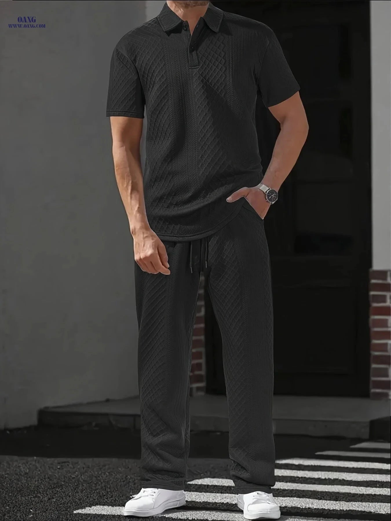 Men's 2-Piece Short Sleeve T-Shirt & Drawstring Pants Set - Casual Comfort   OAXG Black / FR XXXL