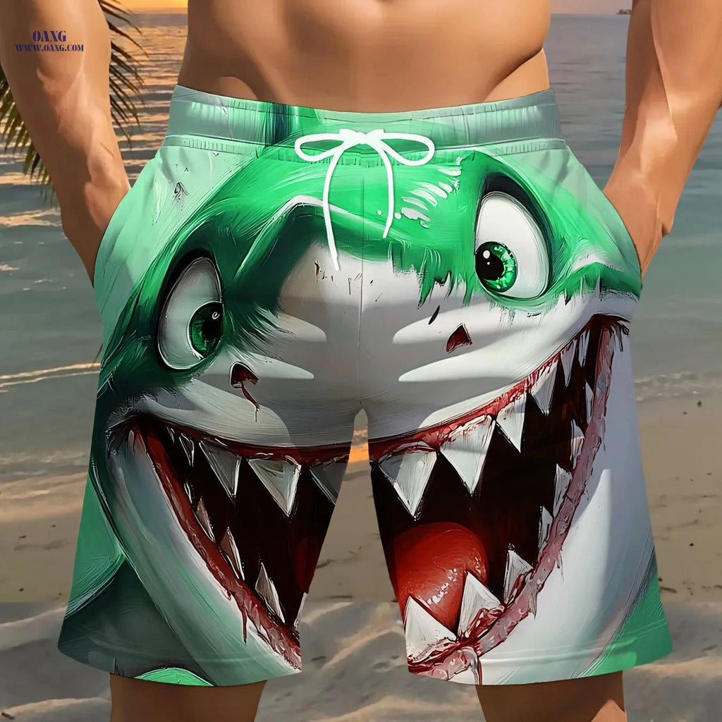 Men's 2025 Stylish 3D Shark Print Beach Shorts - Casual Fit, Polyester   OAXG 