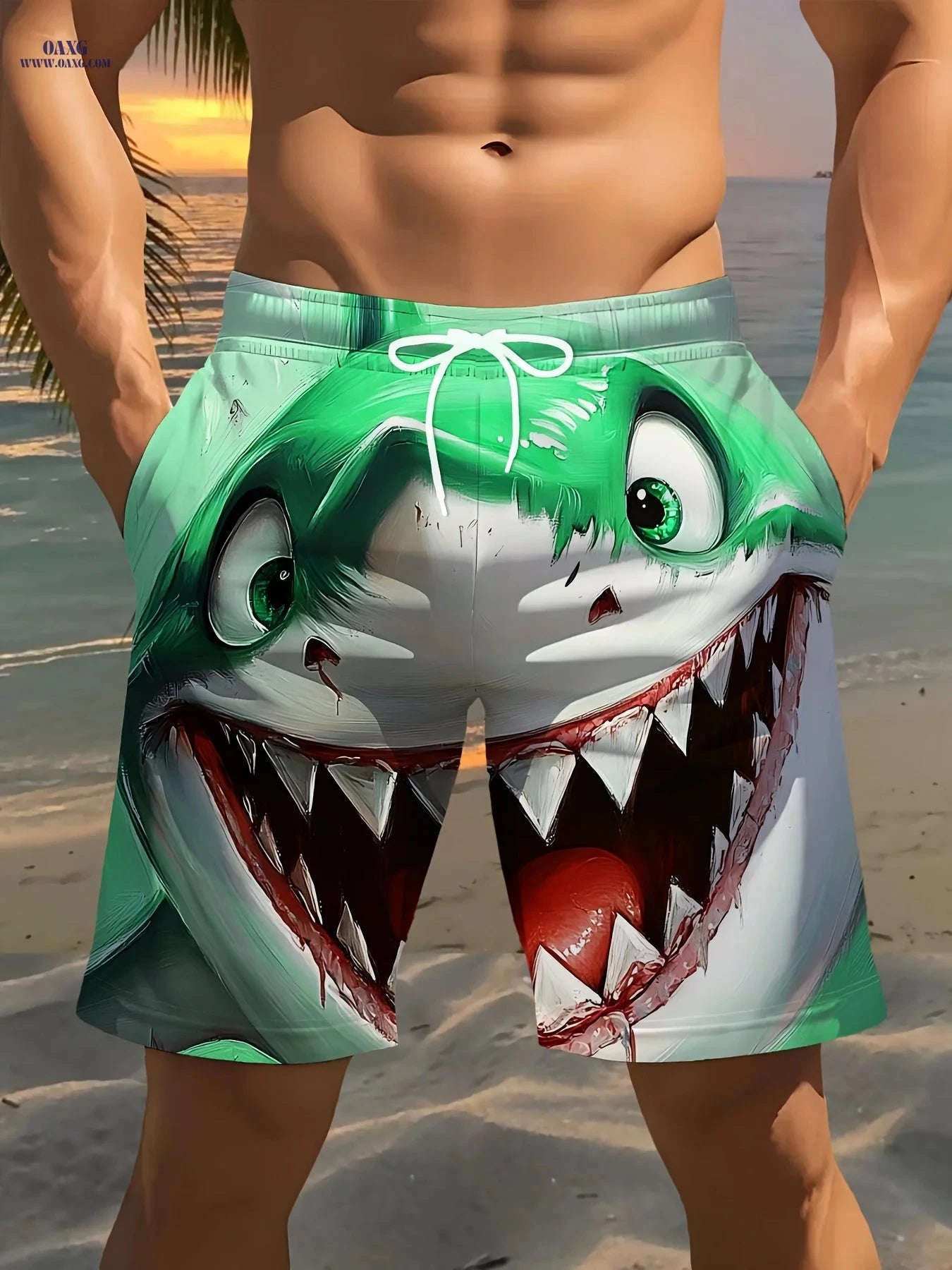Men's 2025 Stylish 3D Shark Print Beach Shorts - Casual Fit, Polyester   OAXG Green / FR M