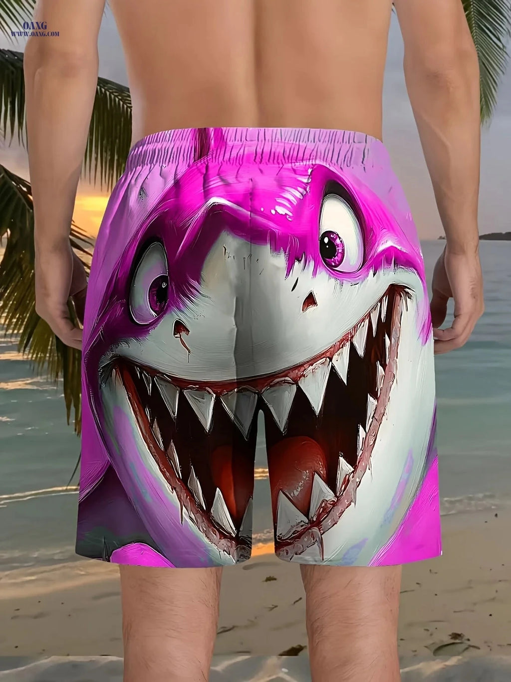 Men's 2025 Stylish 3D Shark Print Beach Shorts - Casual Fit, Polyester   OAXG Green / FR M