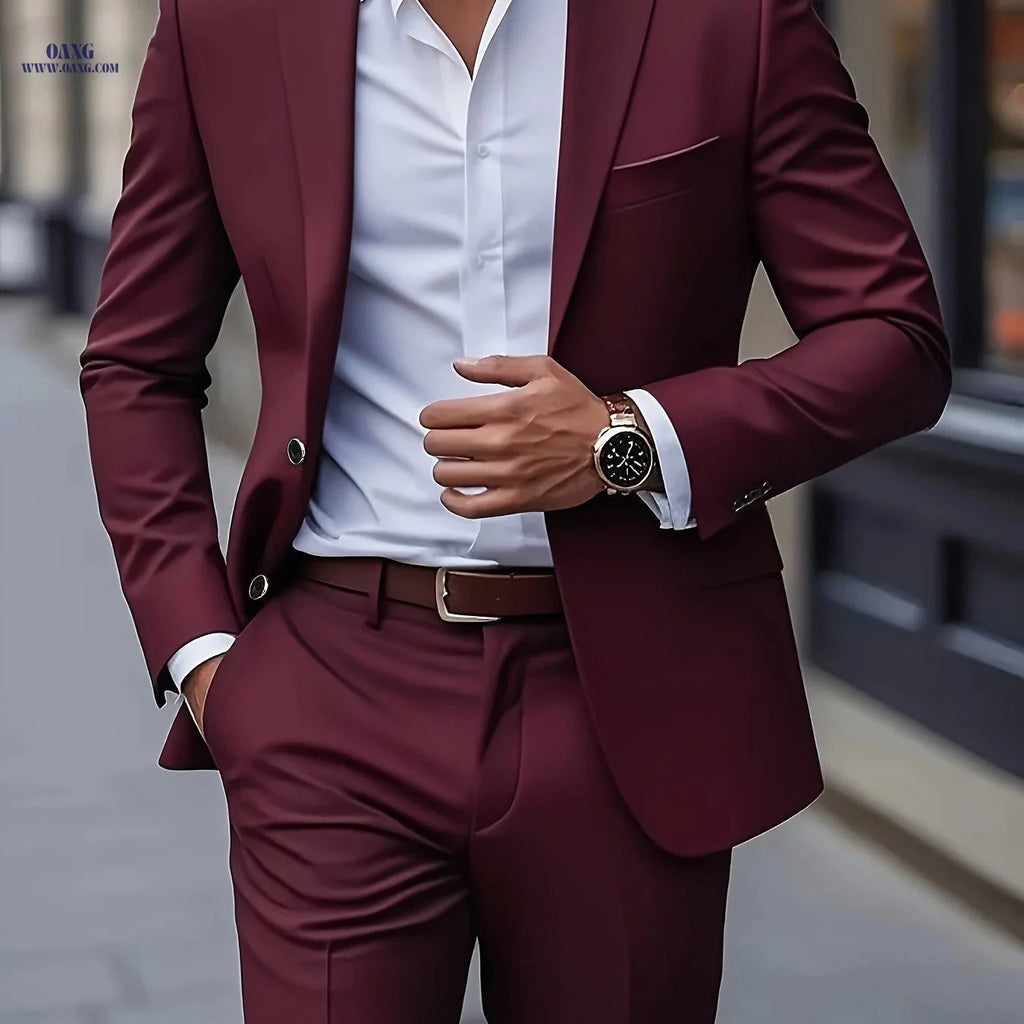 Men's 2pcs Business Suit Set - Slim-Fit Trousers for Weddings & Work   OAXG 