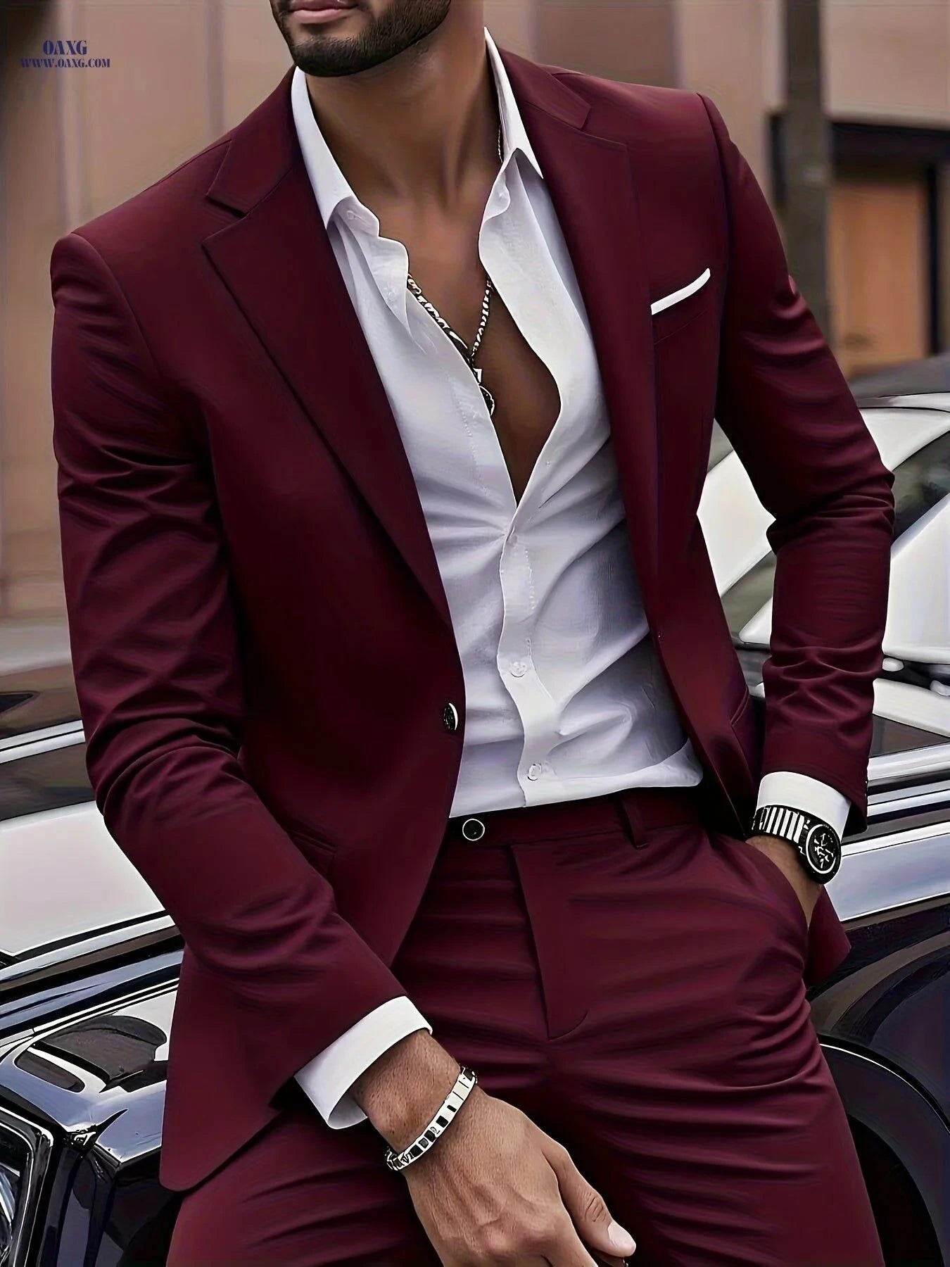 Men's 2pcs Suit Set - Blazer & Trousers, Elegant Business Casual Attire   OAXG Burgundy / FR XXS