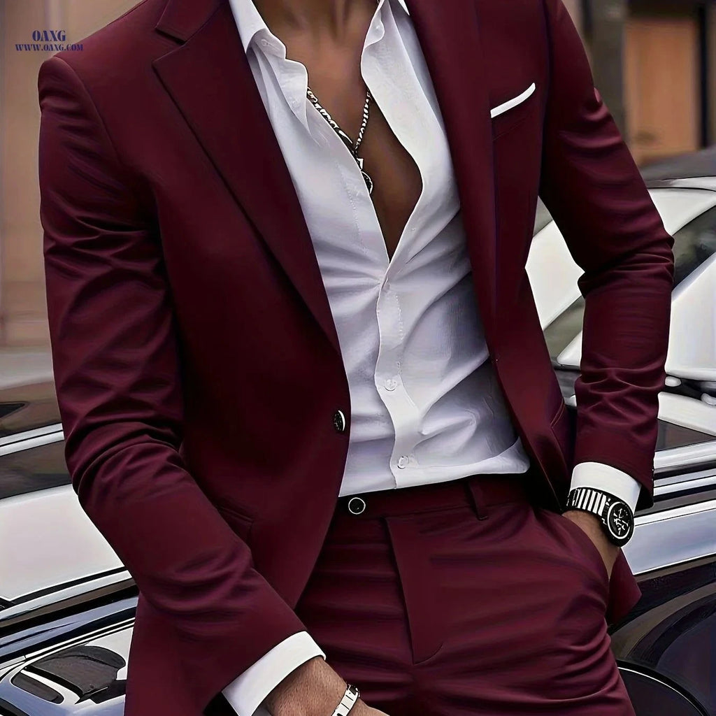 Men's 2pcs Suit Set - Blazer & Trousers, Elegant Business Casual Attire   OAXG Burgundy / FR XXS