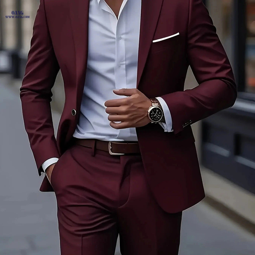 Men's 2pcs Suit Set - Jacket & Trousers for Weddings and Parties   OAXG Dark Red-A / FR XXS