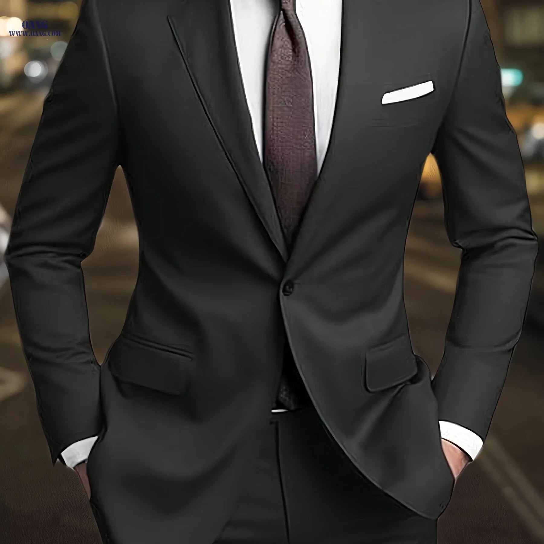 Men's 2pcs Suit Set - Non-Stretch Fabric, Regular Cuffs, Lapel Style   OAXG Black / FR XS