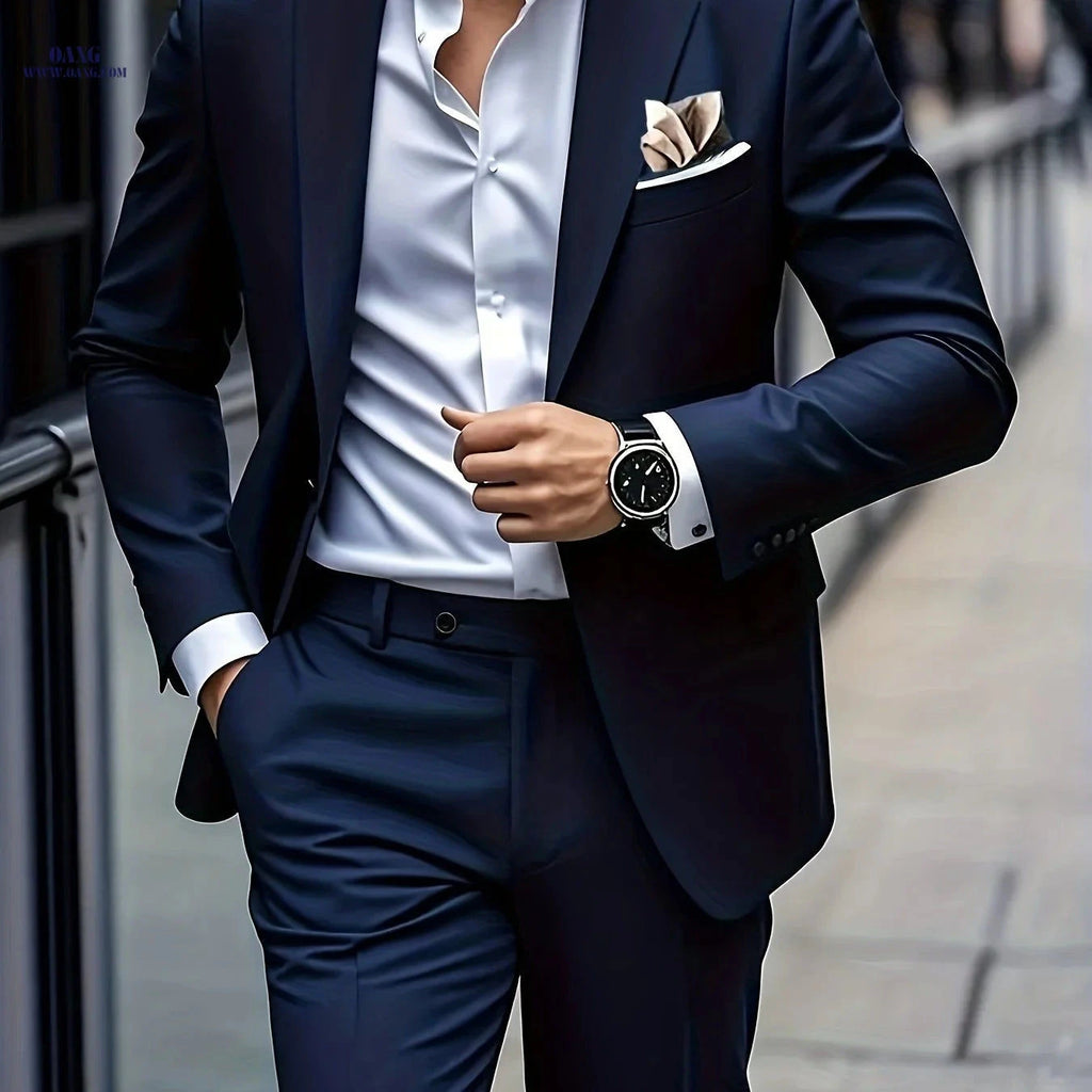 Men's 2pcs Suit Set - Stylish Jacket and Trousers for Formal Events   OAXG Navy Color / FR XXS