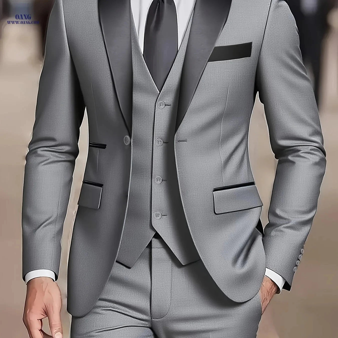 Men's 3-Piece Business Suit Set - Jacket, Vest, Trousers for Events   OAXG 