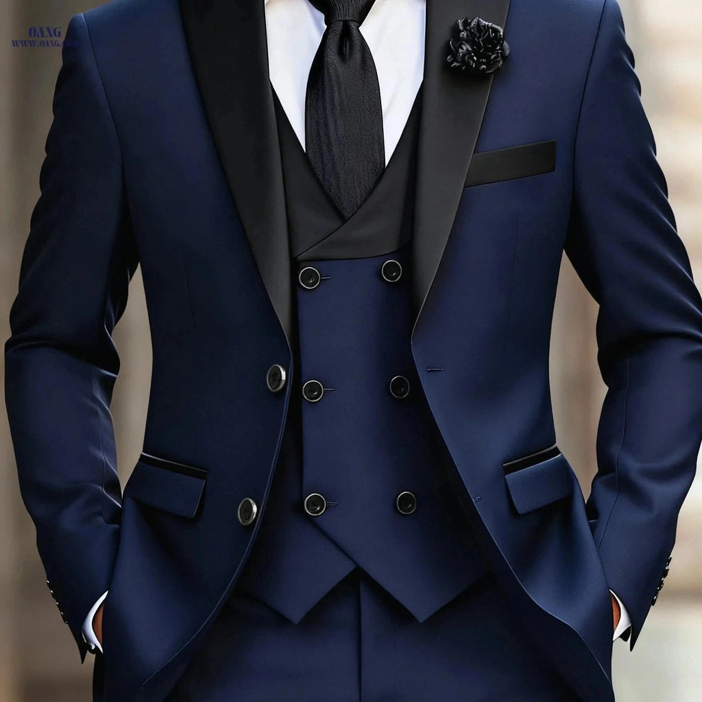 Men's 3-Piece Color-Blocked Suit Set - Jacket, Vest & Trousers   OAXG Navy Color / FR XXS