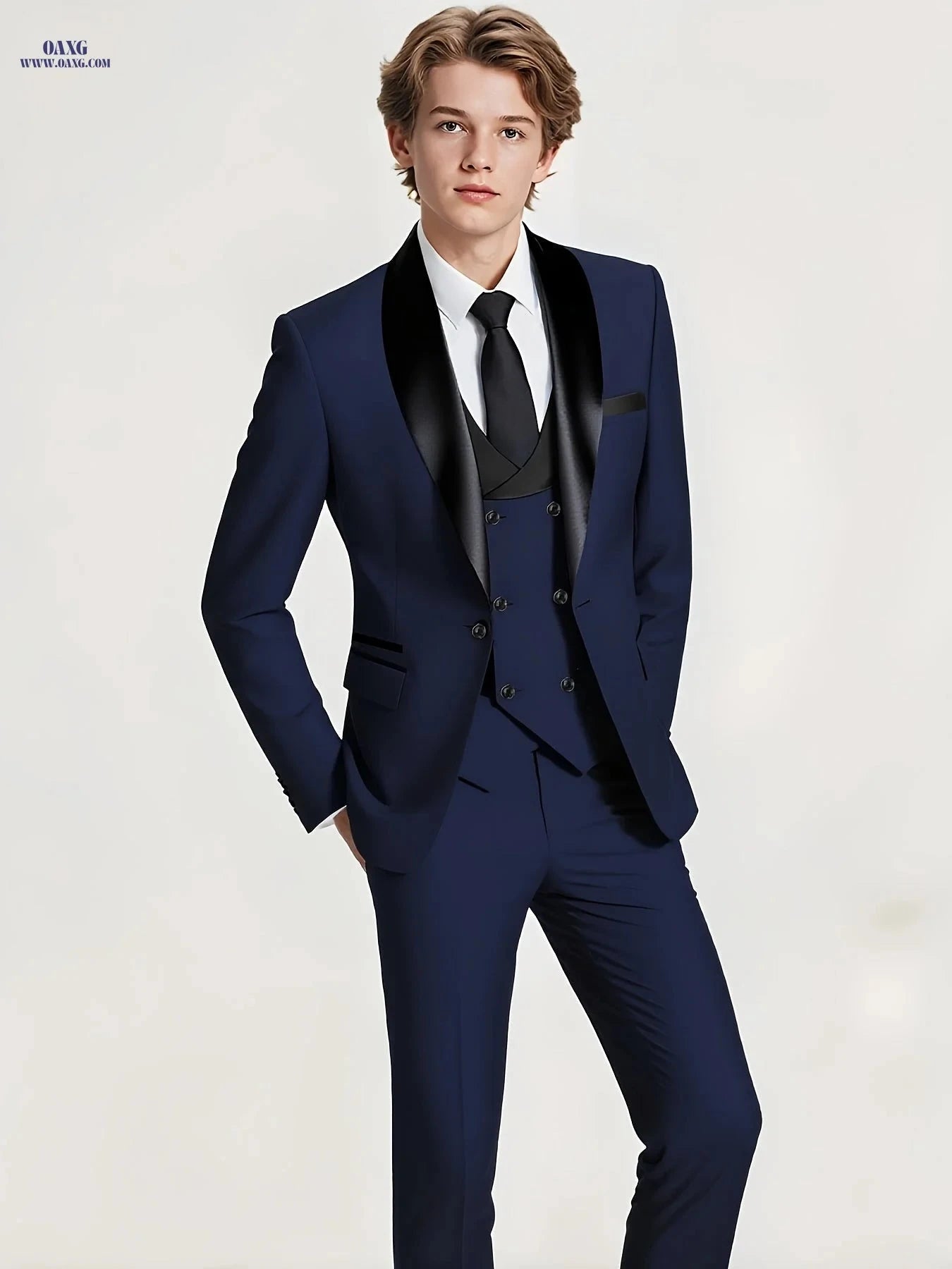 Men's 3-Piece Color-Blocked Suit Set - Jacket, Vest & Trousers   OAXG Navy Color / FR XXS