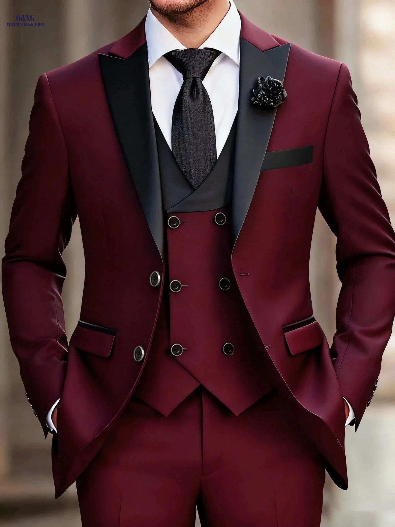 Men's 3-Piece Color-Blocked Suit Set - Jacket, Vest & Trousers   OAXG Navy Color / FR XXS