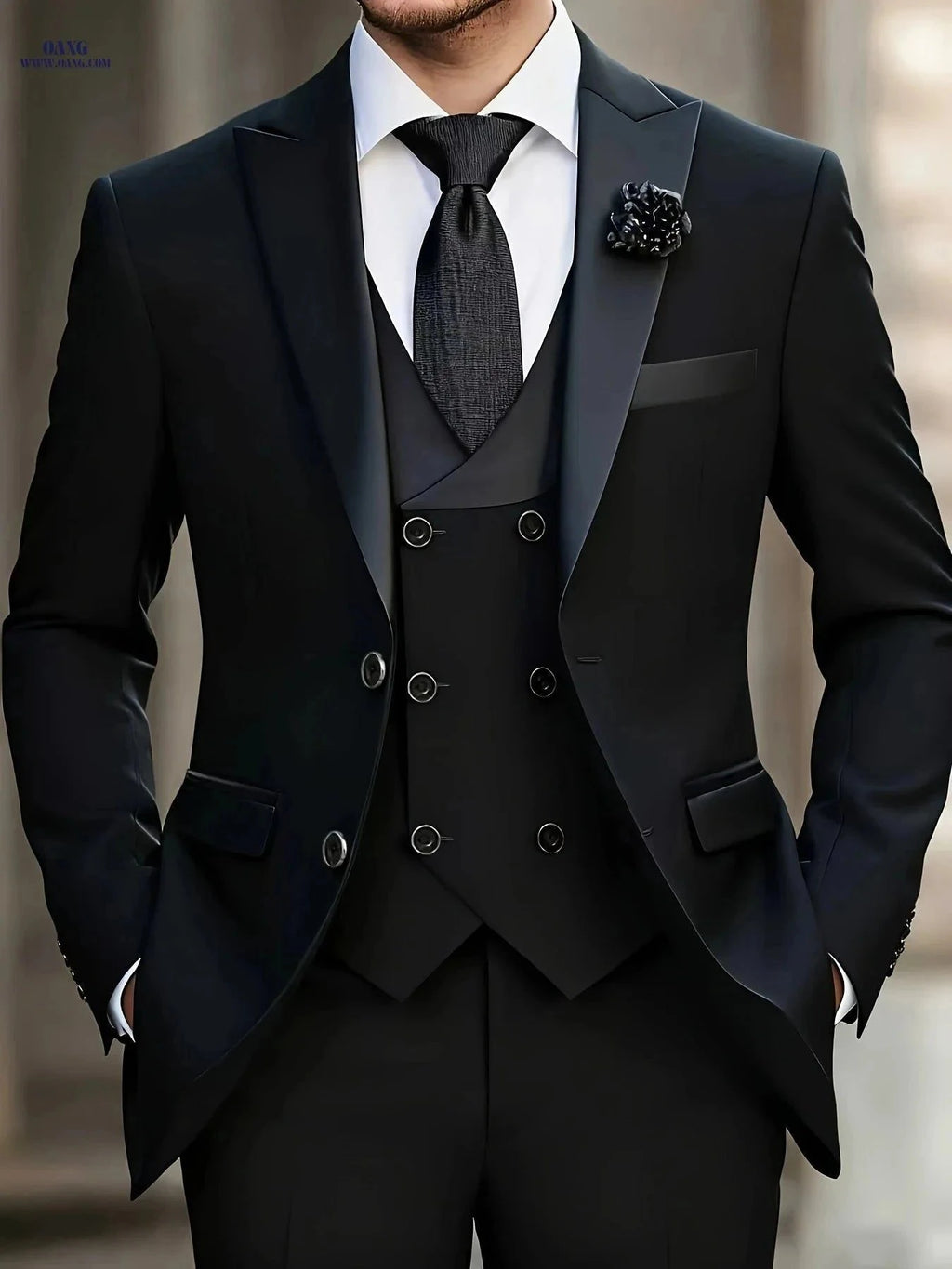 Men's 3-Piece Color-Blocked Suit Set - Jacket, Vest & Trousers   OAXG Navy Color / FR XXS
