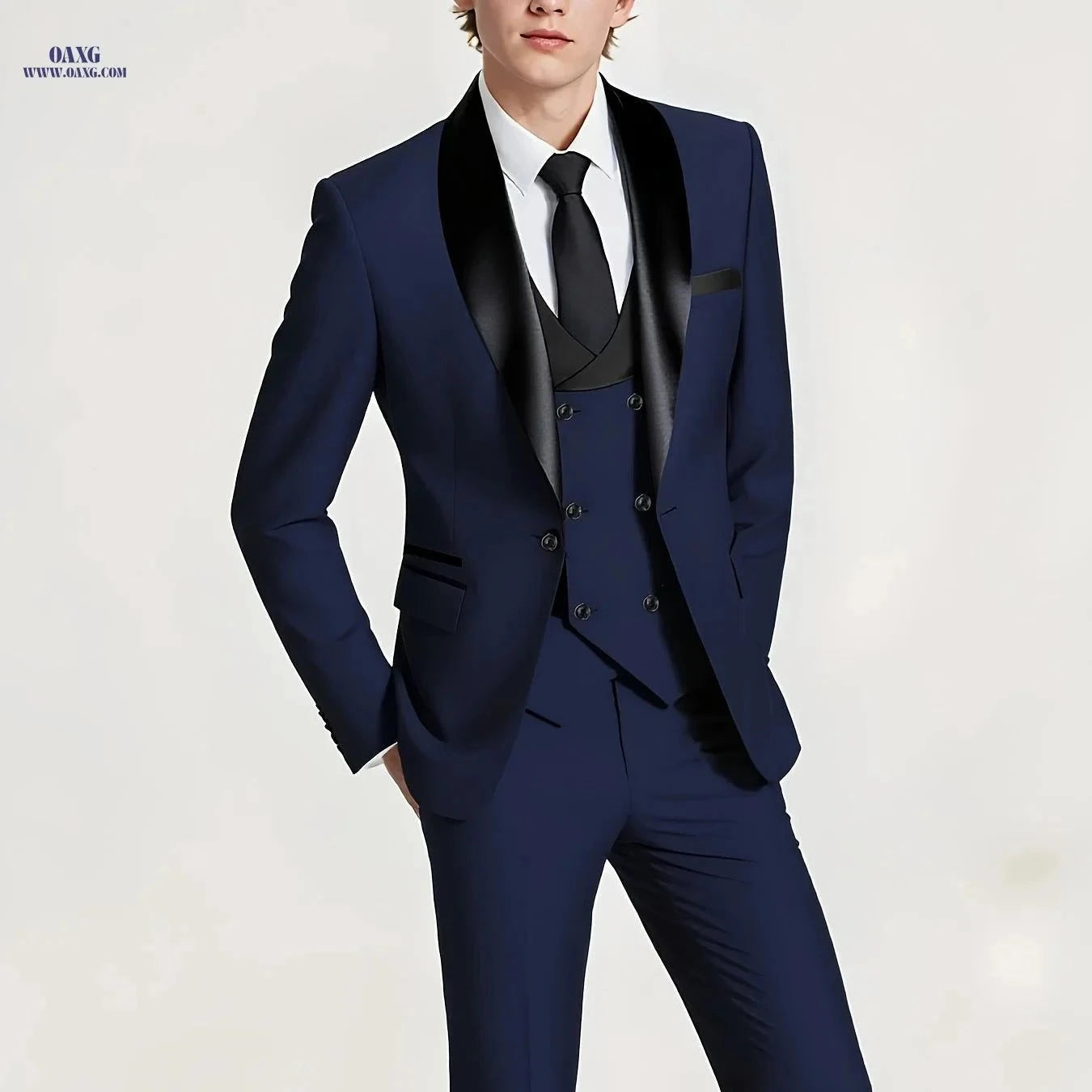 Men's 3-Piece Color-Blocked Suit Set - Jacket, Vest & Trousers   OAXG Navy Color / FR XXS