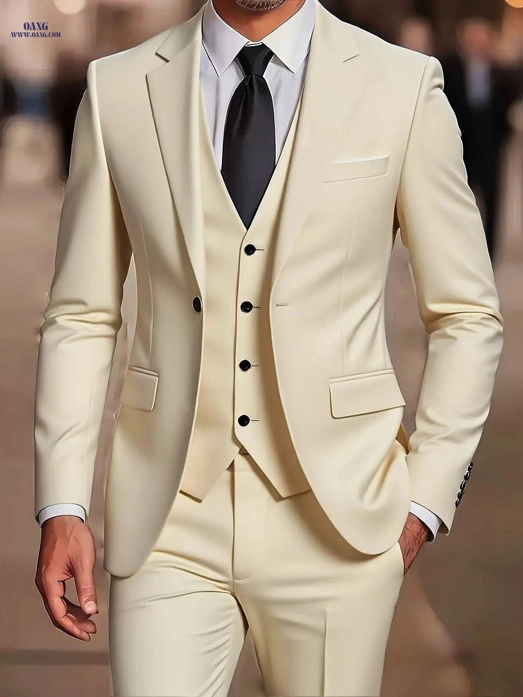 Men's 3-Piece Suit - Blazer, Vest, and Trousers for Weddings   OAXG Beige / FR XXS